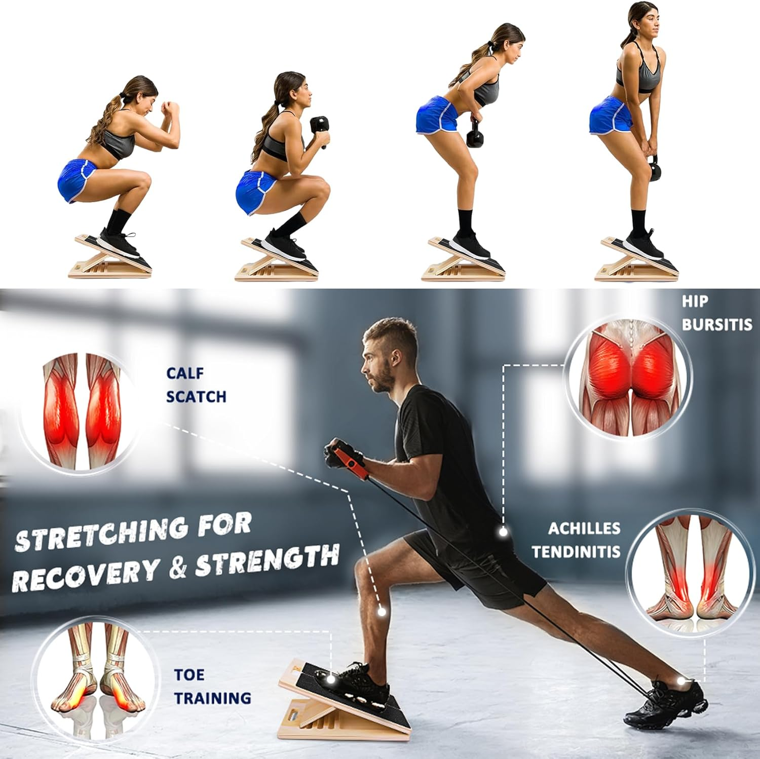 Portable Wooden Slant Board for Calf Stretching, Adjustable Incline Calf Stretcher for Knees Ankle Heel Feet Leg, Squats & Physical Therapy, Black 40 * 30 * 4Cm image number 4