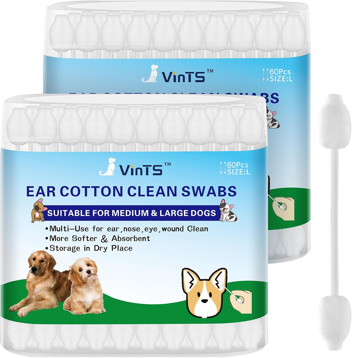 Vints Cotton Dog Ear Cleaning Swabs, Pet&rsquo;S Ear Infection Treatment Gourd-Shaped Swabs Prevent Accidental Injuries, Safer Cleaning for Dogs and Cats&ndash; Large Size.100% Cotton image number 3