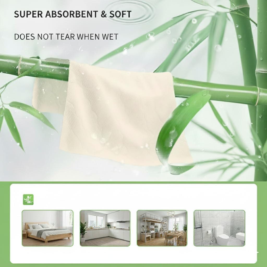 Blueguan Paper Towel 100% Natural Bambo Toilet Paper for Hanging Kitchen Towels and Everyday Use 1000 Sheets 4-Ply Cleaning Wipes Hand Tissues Big Size Roll Flexible Absorbent image number 4