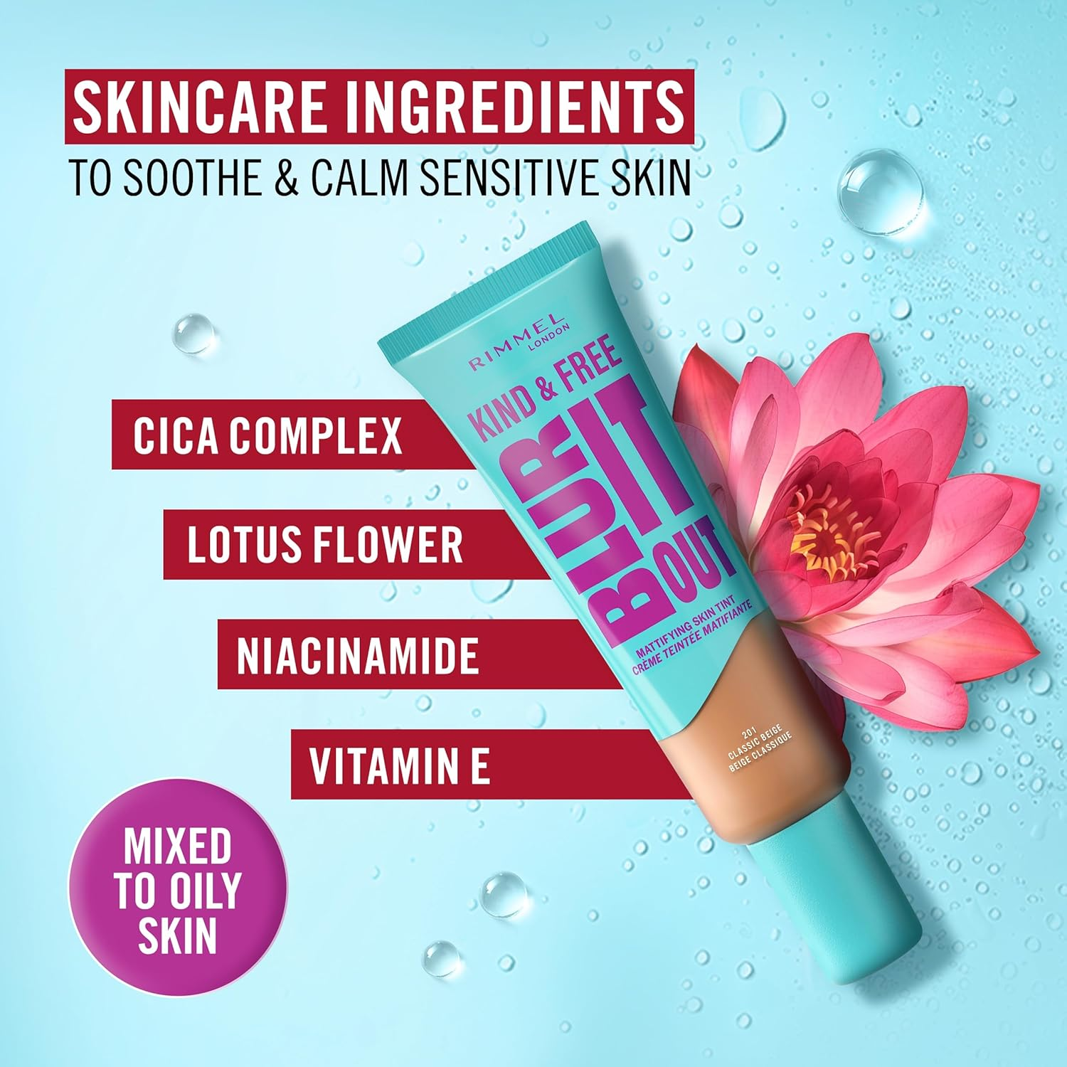 Rimmel London Kind & Free BLUR IT OUT Mattifying Skin Tint, 210, Golden Beige, 30Ml