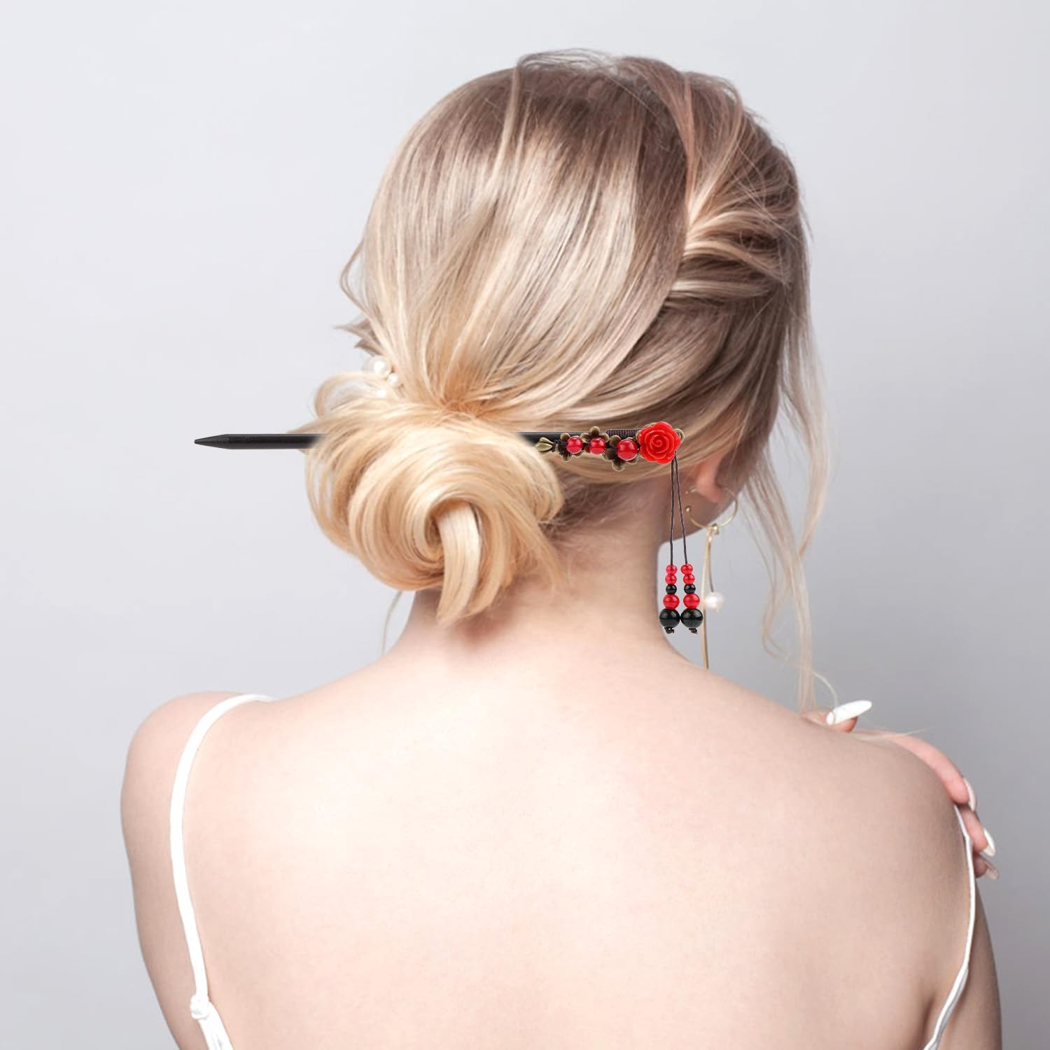 2Pcs Chinese Hair Sticks, Retro Vintage Chinese Hair Pins Rose Flower Hair Chopsticks Asian Japanese Handmade Wooden Hairpin Traditional Hanfu Pin Classic Hair Holder Accessories for Women Long Hair image number 5