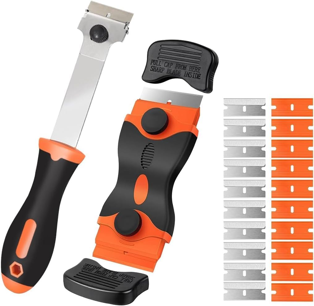 Window Razor Scraper Set, 2 Pack Long Handle Glass Cleaning Tools with 20 Blades Metal and Plastic Blades, Long Handle Cleaning Scraper Tools with Metal and Plastic Blades for Cleaning Sticker image number 2