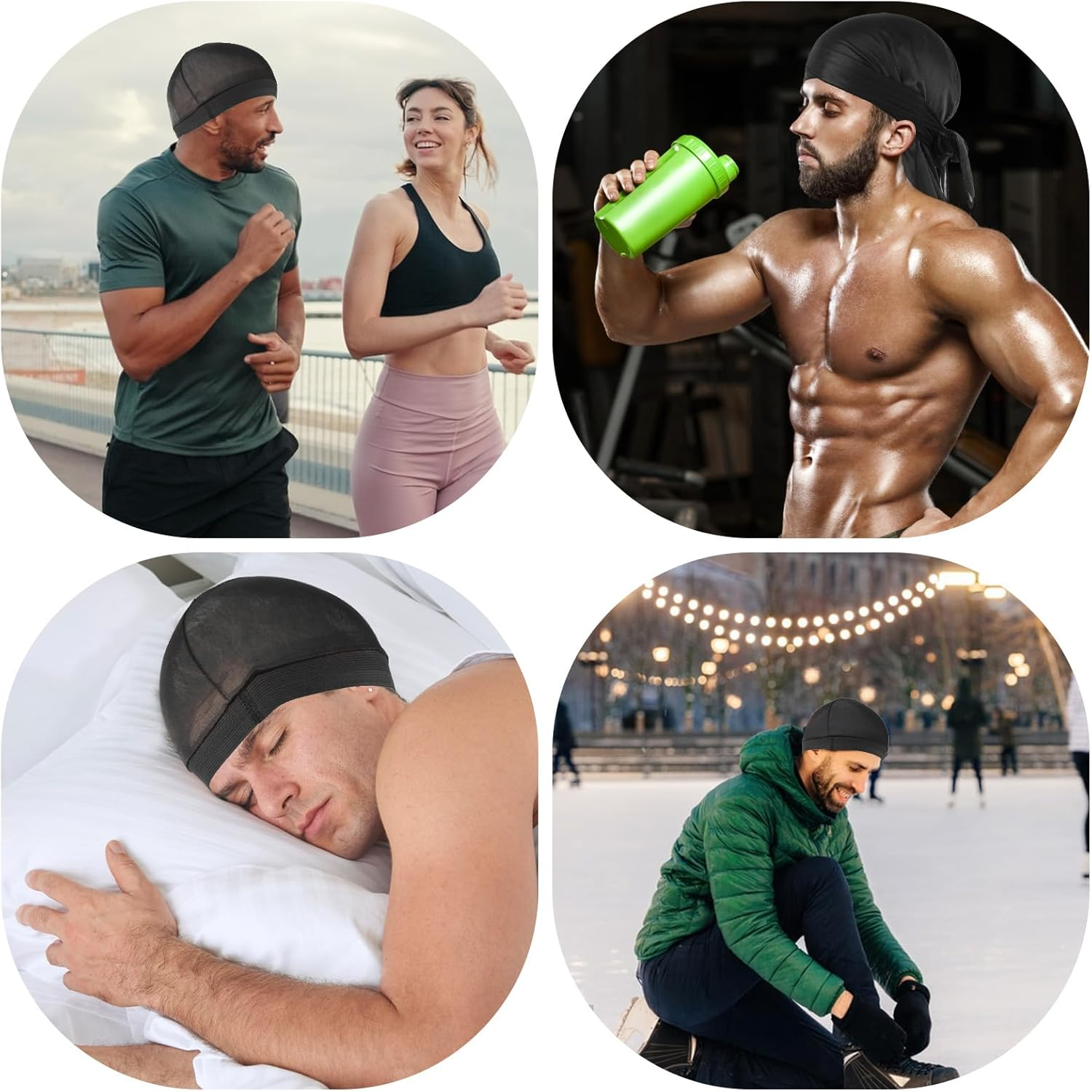 Wanmu Silk Bonnet with Wave Caps, Soft Satin Hair Bonnets & Compression Cap, Elastic Band Sleep Hat for Sleeping Men Women Natural Curly Hair (Black)