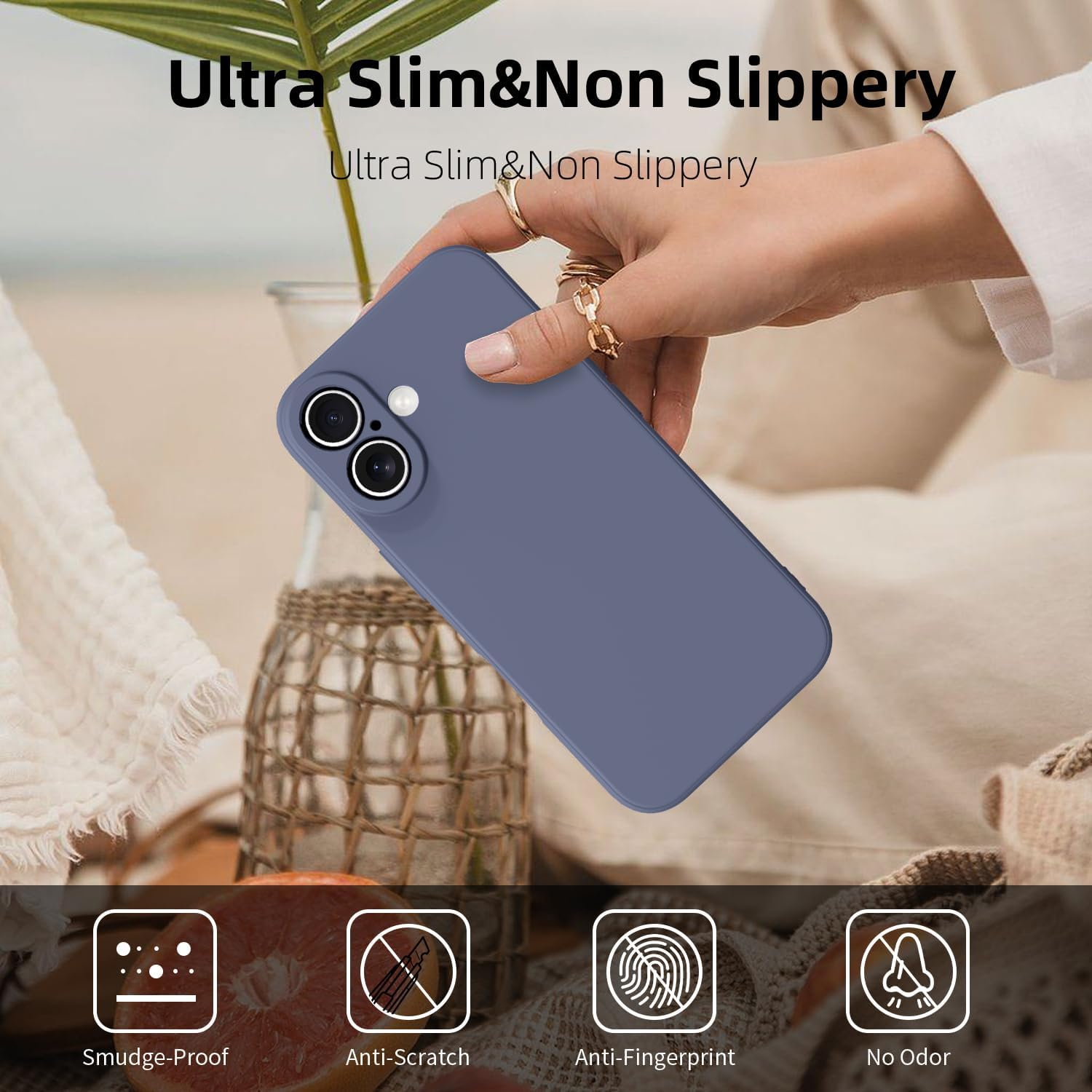 Elestbela Iphone 16 Slim Silicone Case, Ultra Thin, Blue Grey