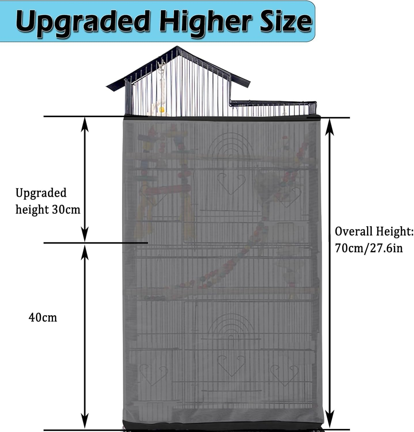 ASOCEA Bird Cage Seed Catcher Adjustable Bird Cage Cover Soft Nylon Mesh Net with Drawstring Birdcage Skirt Feather Guard for round Square Cages (Black) (200 X70 Cm) image number 3