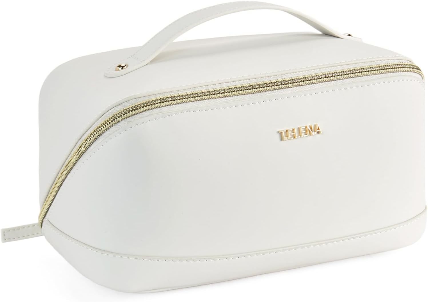 DDPOND Makeup Bag Large Capacity Travel Cosmetic Portable PU Leather Water Resistant Organizer Bags for Women with Handle and Divider Open Flat Beige with Brown