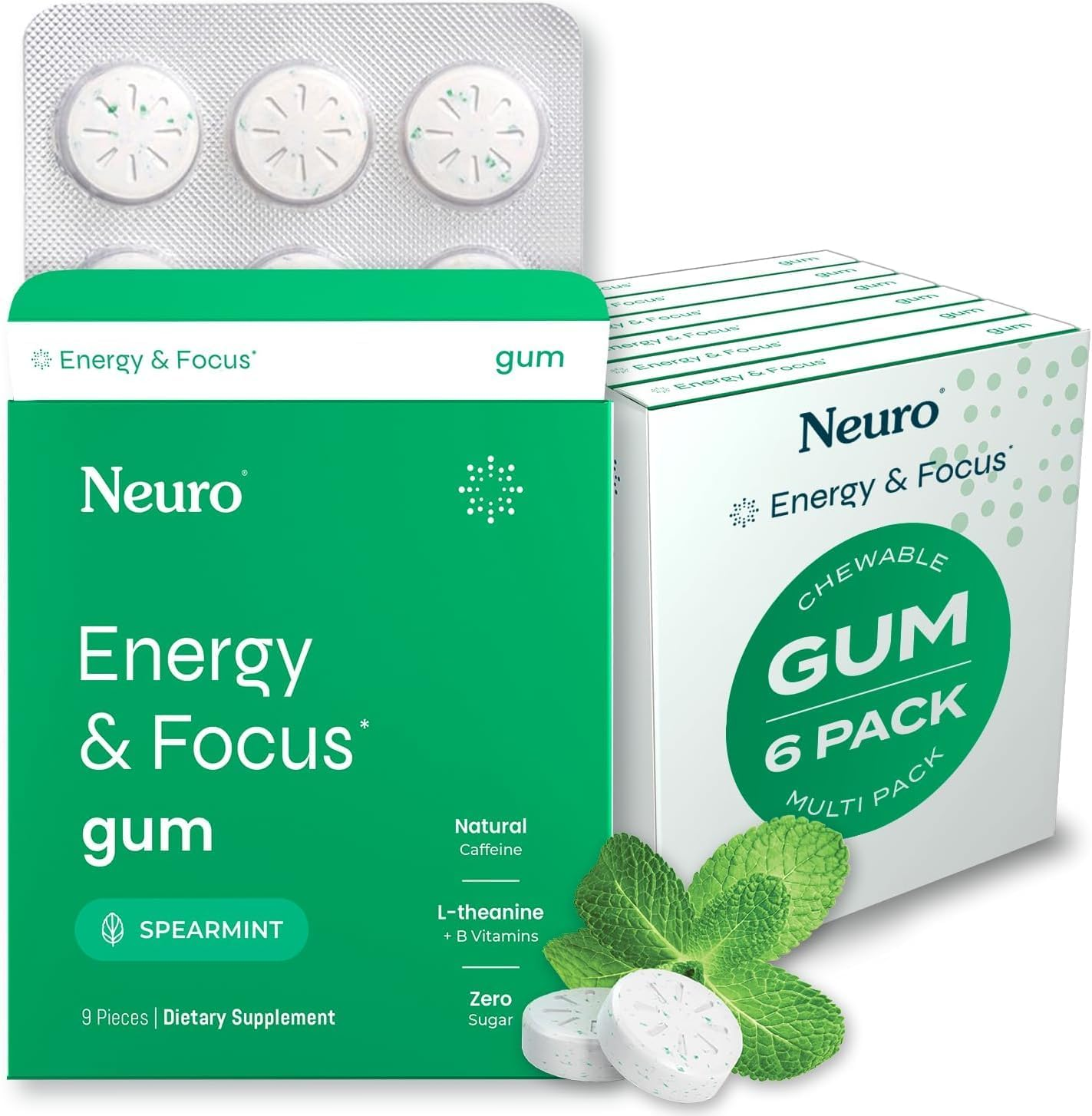 Neuro Energy Caffeine Gum (54 Pieces) - Sugar Free with L-Theanine + Natural Caffeine + Vitamin B12 & B6 - Nootropic Energy & Focus Supplement for Women & Men - Keto & Vegan, Spearmint Flavor image number 4