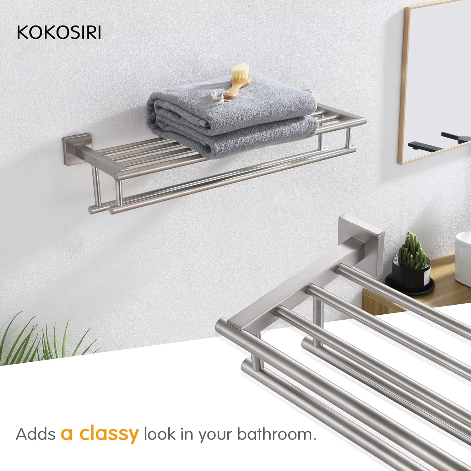 KOKOSIRI 20 Inch Towel Rail Towel Shelf with Double Towel Bars Bathroom Towel Rack Towel Holder Wall Mounted SUS 304 Stainless Steel, Brushed Nickel, B6005BR-L20 image number 4