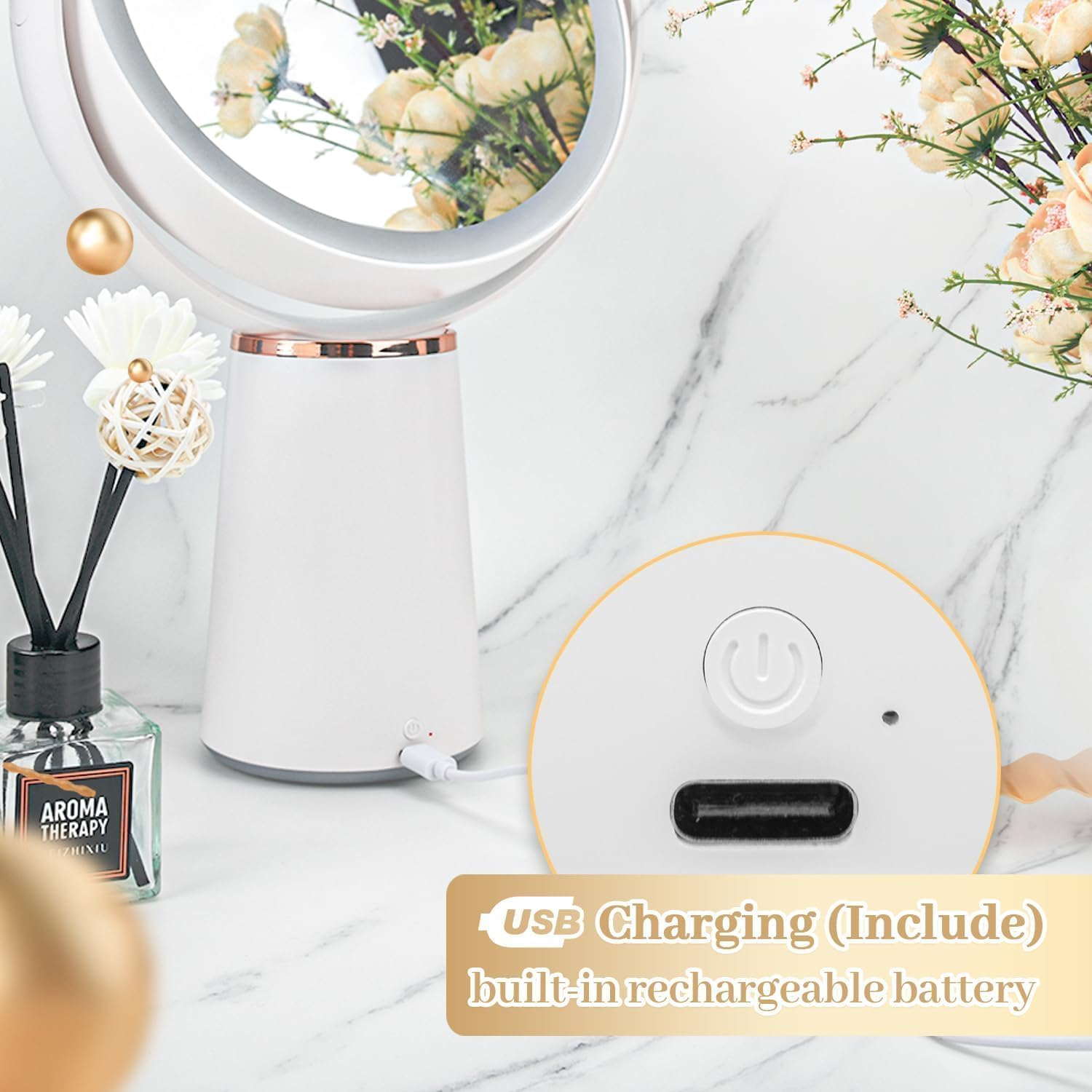 Auxmir Makeup Mirror with Lights, 8.3'' Double-Sided 10X/1X Magnifying Mirror, 2500Mah USB Rechargeable Mirrors with 52 LED Lights and 10 Brightness, 360&deg; Rotating Vanity Mirror for Bedroom, Bathroom image number 2