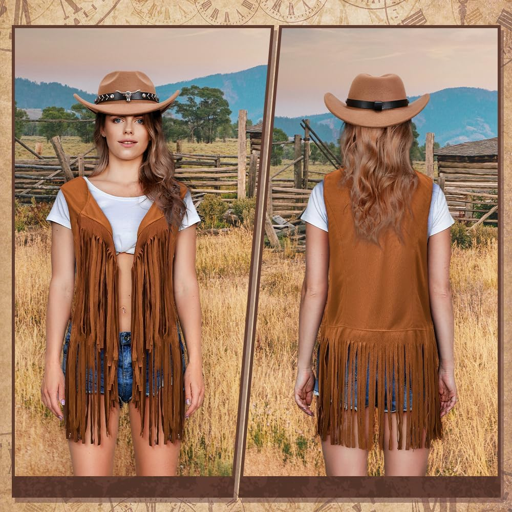 Slowton Western Outfits for Women - Cowgirl Outfit Costume Accessories with Fringe Vest Disco Cowboy Hat, Hippie Costume Outerwear for Halloween Cosplay Party 70S Retro Themed Party