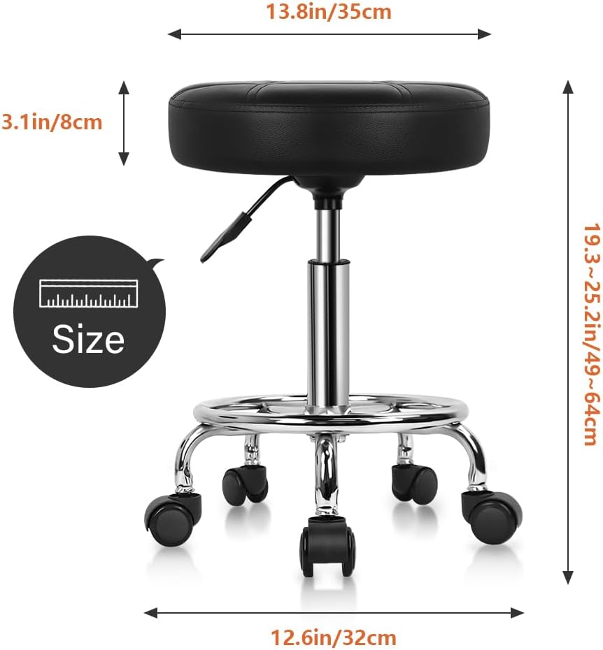 KKTONER round Rolling Stool Chair PU Leather Height Adjustable Swivel Drafting Work SPA Shop Medical Salon Stools with Wheels Office Chair Small (Black) - Black image number 2