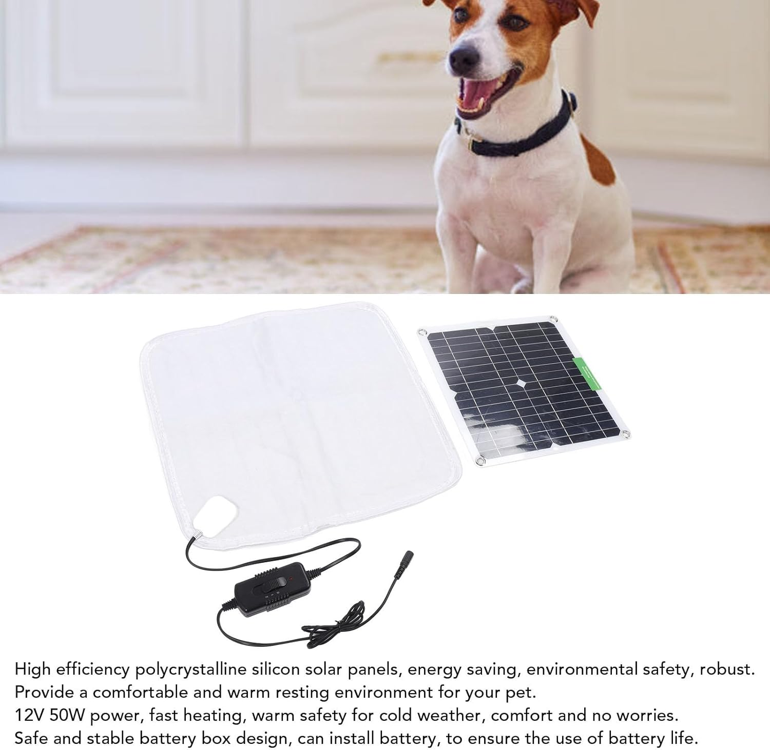 Pet Heating Pad for Dogs and Cats, 12V 50W Electric Heating Blanket with Solar Panel, Rapid & Uniform Heating, Portable Heated Dog Bed Mats with Battery Box, for Home Car Outdoor image number 1