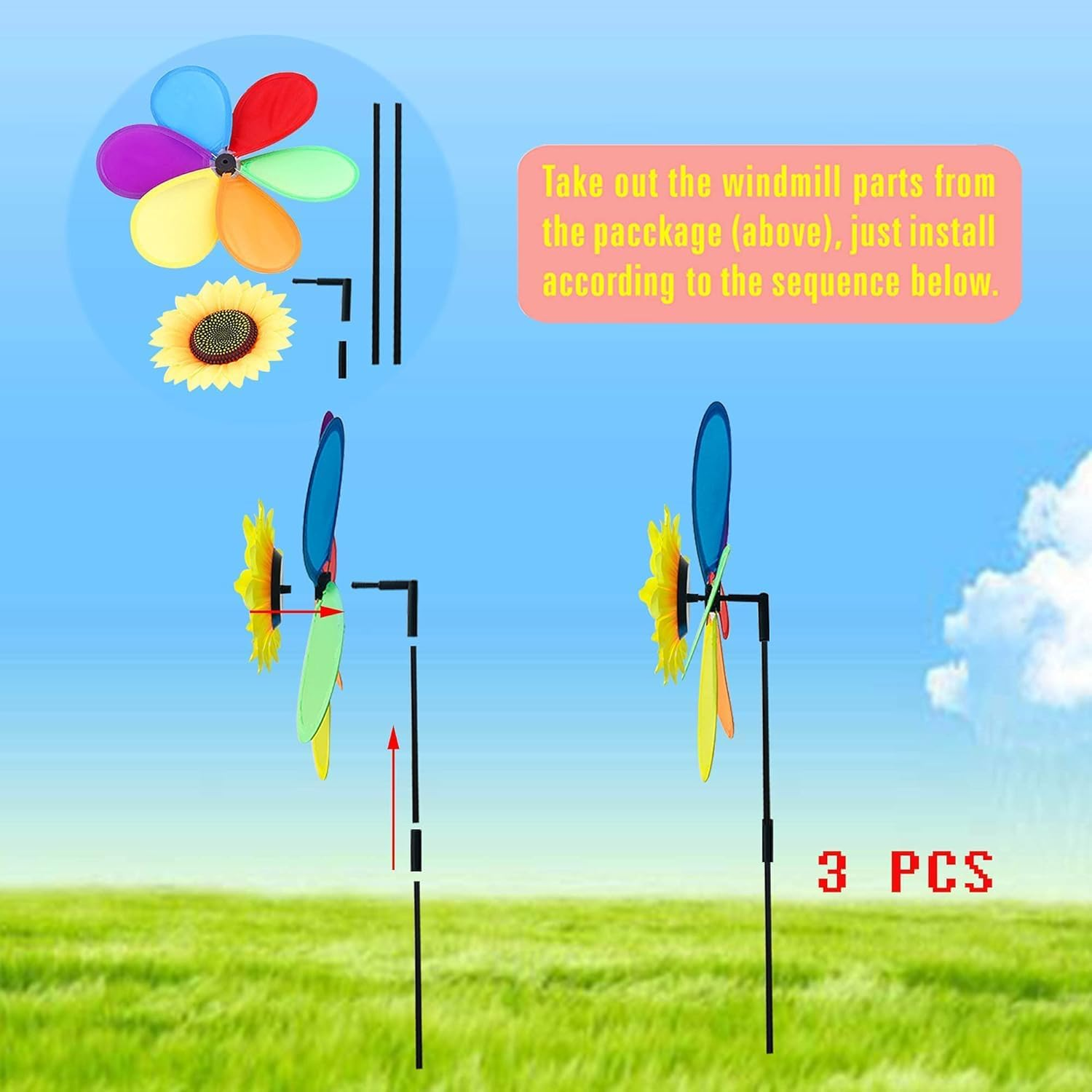 Sunflower Pinwheels Outdoor Wind Spinners Yard Garden, Lawn Pinwheels Bulk Wind Toys for Kids, Colorful Flower Windmill Decorative Pinwheel (3PCS) image number 4