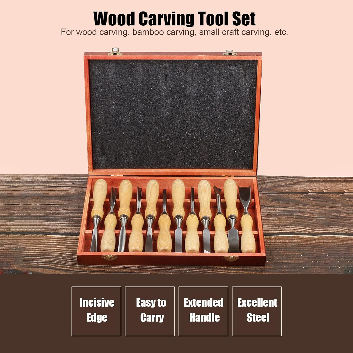 Wood Carving Tools Set, 12PCS Wood Carving Kit for Beginners, Carving Knife Sharpener with CRV Blade Wooden Handle, Engraving Chisel Set for DIY Handicrafts image number 2