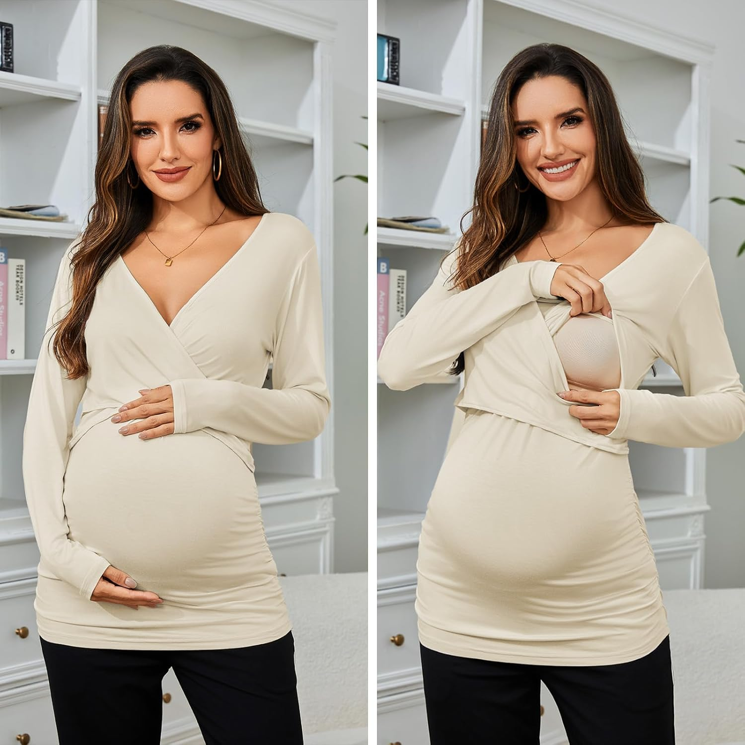 Glampunch Women'S Maternity Dress Side Ruched Flying Sleeve Midi Bodycon Pregnancy Dress image number 3