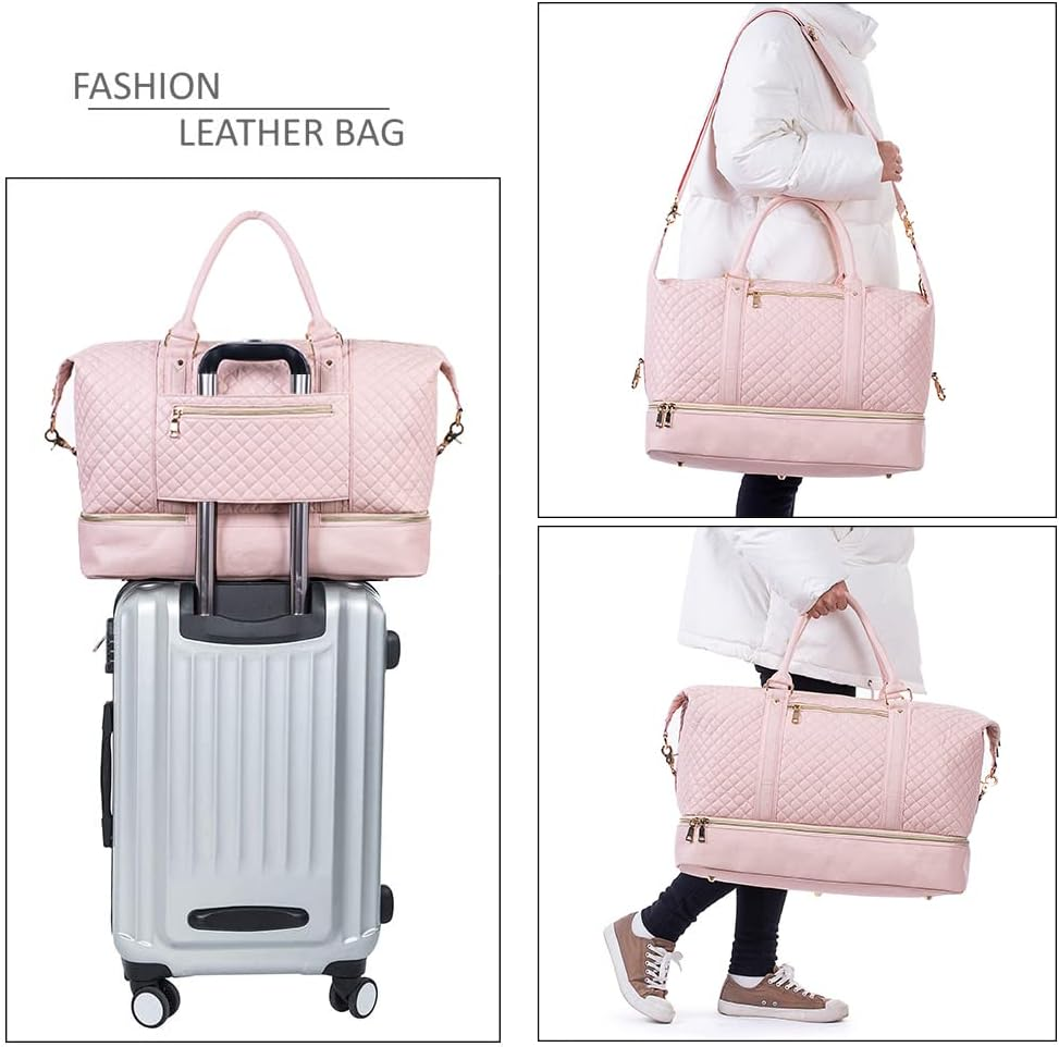 Leather Travel Bag with Shoe Pouch,Weekender Overnight Bag Waterproof PU Leather Large Carry on Bag Travel Tote Duffel Bag for Men or Women