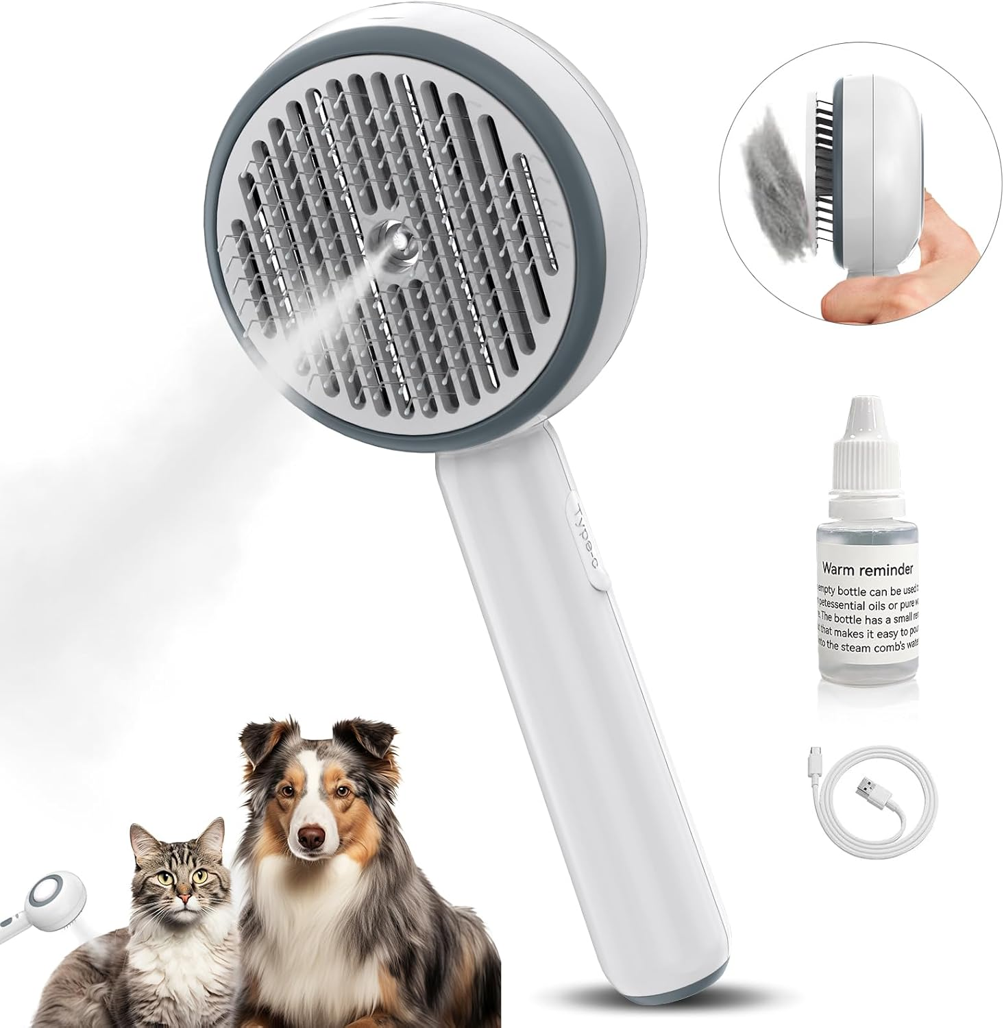 Cat Brush with Steam, 3-In-1 Steam Brush Cat, Brush Cat with Self-Cleaning One Button with Water Tank and Spray, anti Static Electricity and Tangling Steamy Brush for Cats Dogs, White image number 1