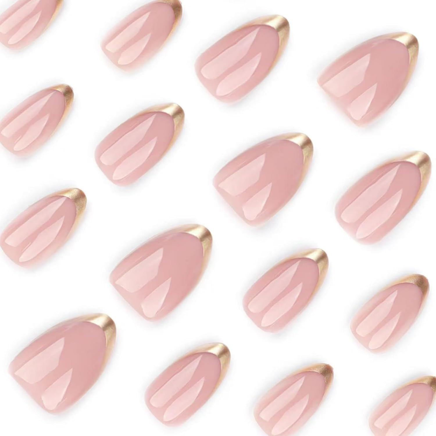 KAVI' S 24 Pcs Almond Stick on Nails, Glitter Pink Press on Nails Short Length, Stiletto Acrylic Gold Tip Fake Nails with Jelly Adhesive Tabs for Women Girls Nails Art image number 5