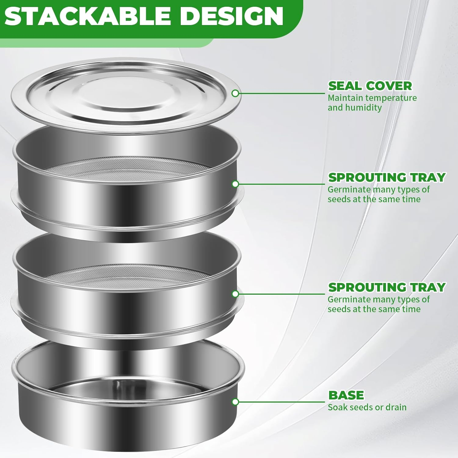 Awobepl Sprouts Growing Kit Stainless Steel Sprouting Kit Stackable Seed Sprouting Tray for Beans Peas
