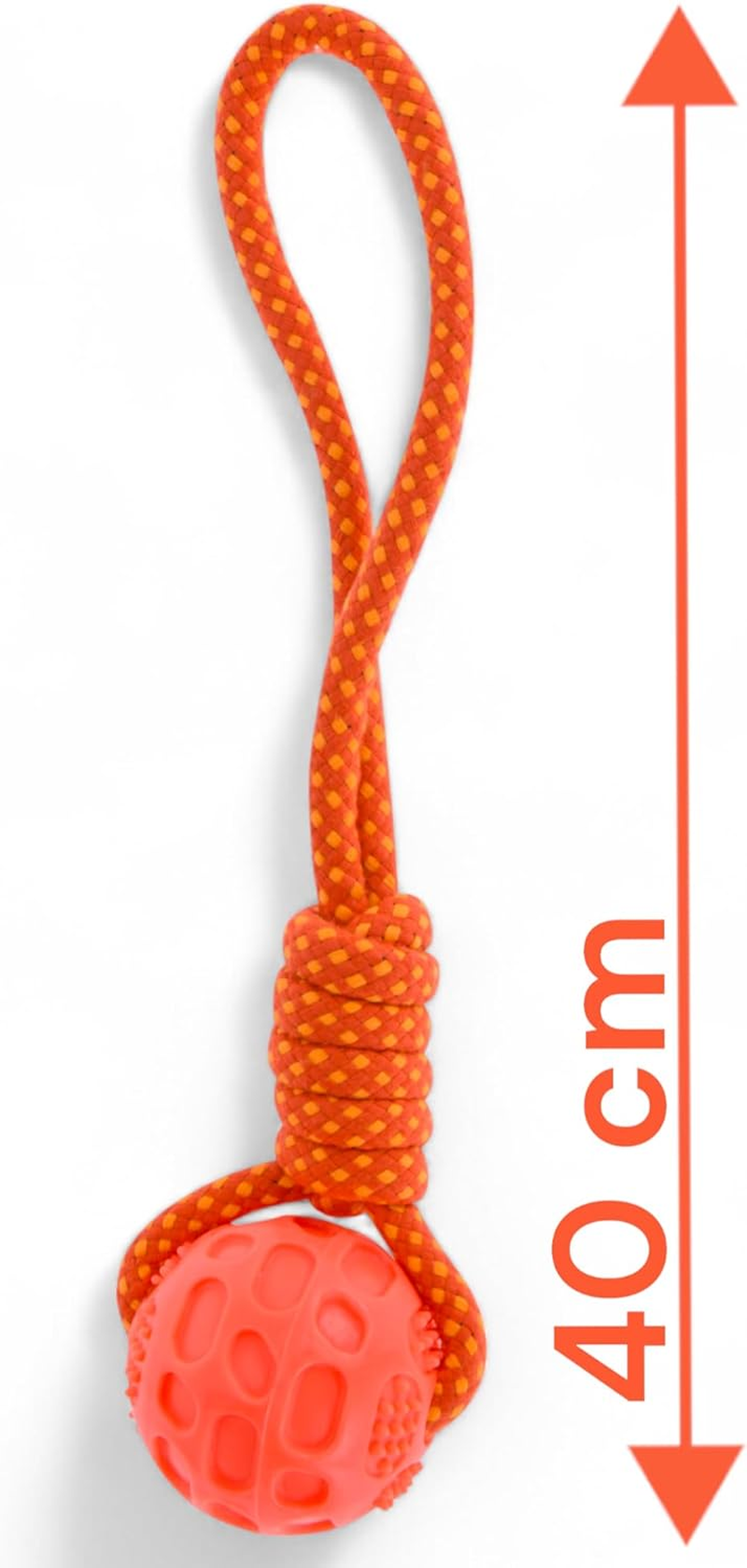 MIJOMA Dog Toy Ball on Rope - Floating Silicone Ball, Ideal for Fetch Games & Chewing, Robust Rope 100% Polyester, Interactive, Total 40 Cm, (Orange) image number 2