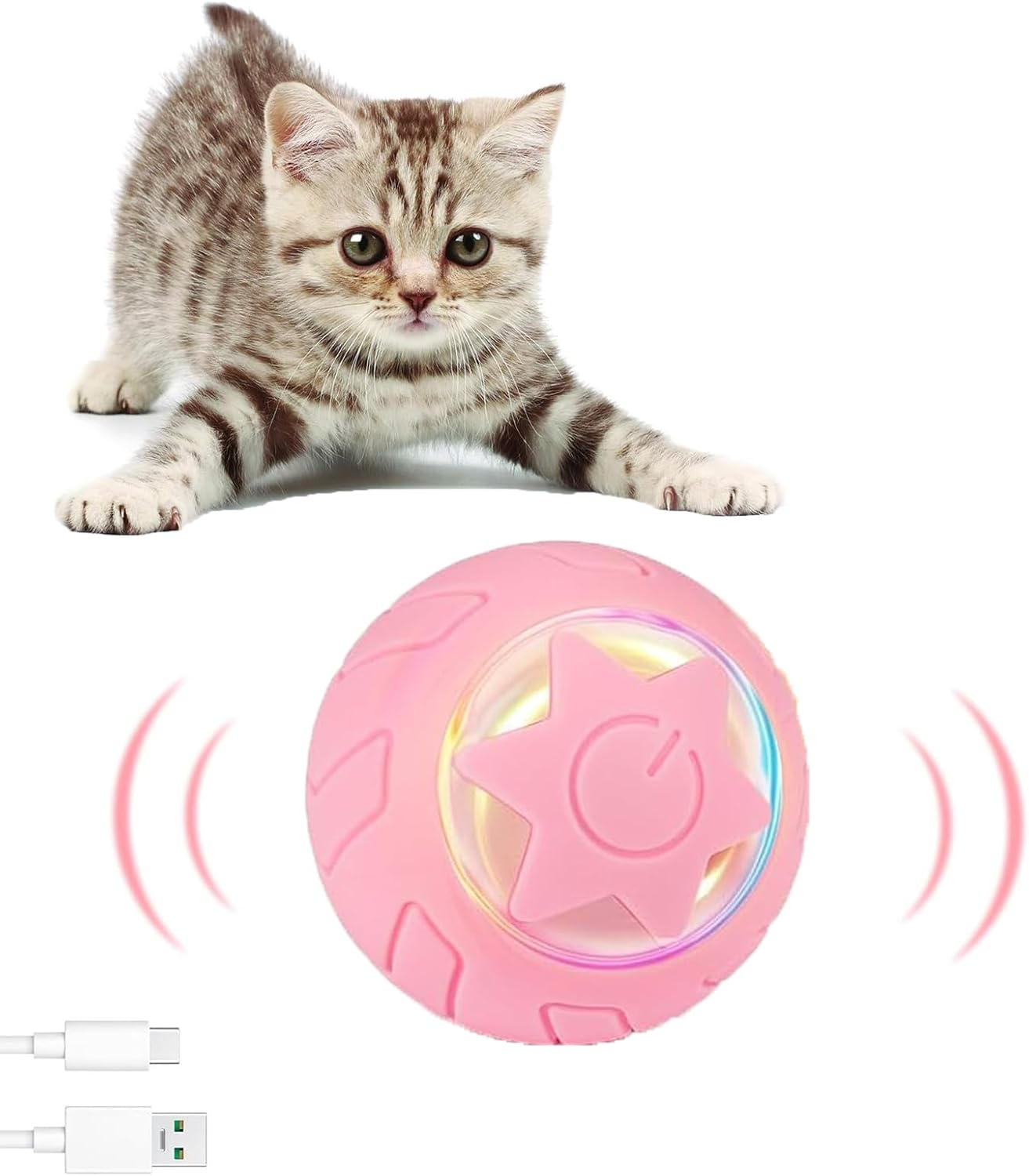 JIZZU Electric Cat Ball, Rolling Ball Interactive Cat Toy with LED Light, Pack of 4 Cat Toy, Intelligent Cat Ball, 360&deg; Self-Rotating Toy, Spiral Springs, Pink image number 4