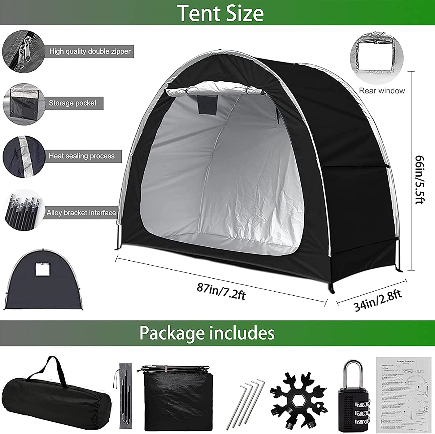 Bike Storage Shed,Bicycle Tent,Bike Covers Waterproof Outdoor Large with Window and Floor,With 18-In-1 Snowflake Multi Tool and Combination Lock,For Stockpile 2-3 Bikes or Tricycle Gardening Tools image number 5