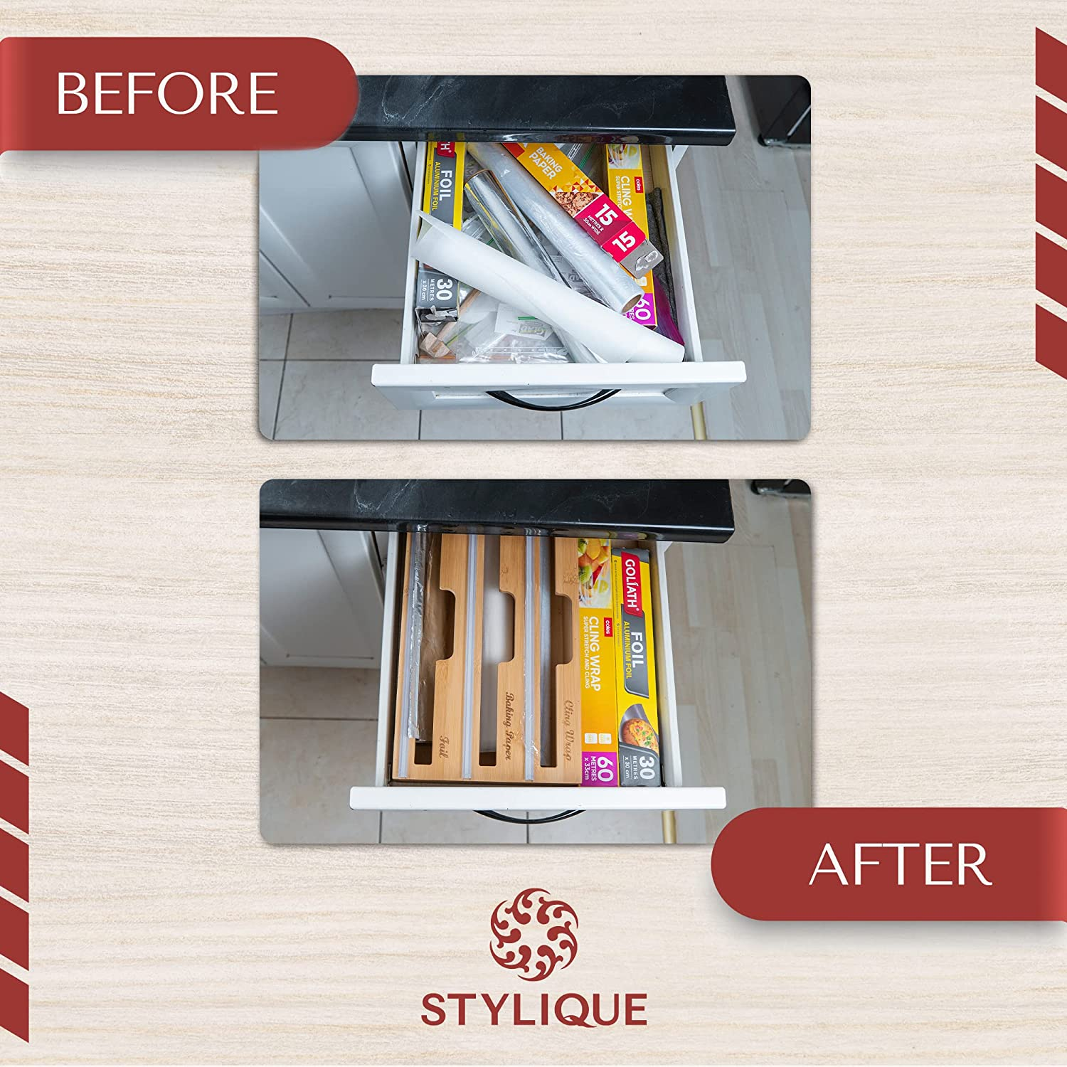 3 in 1 Foil and Cling Wrap Organiser (Aussie Sizes) for Kitchen Storage & Organisation, Cling Wrap Dispenser with Cutter Drawer & Pantry Organiser for Aluminium Foil Baking Paper 33Cm Roll (Natural) image number 6