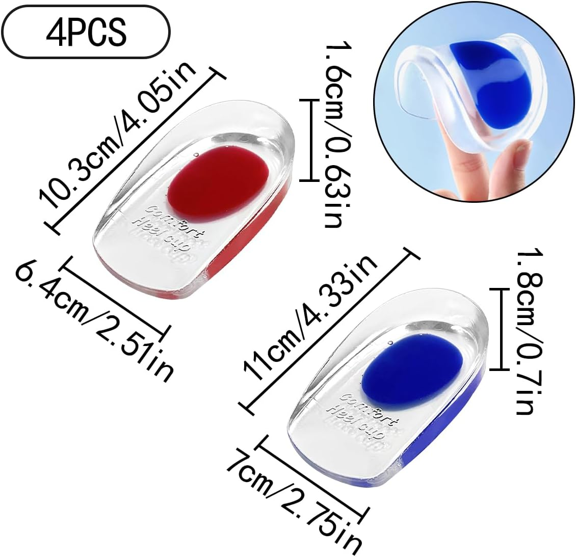 Silicone Gel Heel Cups, 2 Pairs Blue and Red Orthotic Shoe Inserts Foot Care Accessories for Men, Women Sore Heel Pain Relief (2 Sizes)