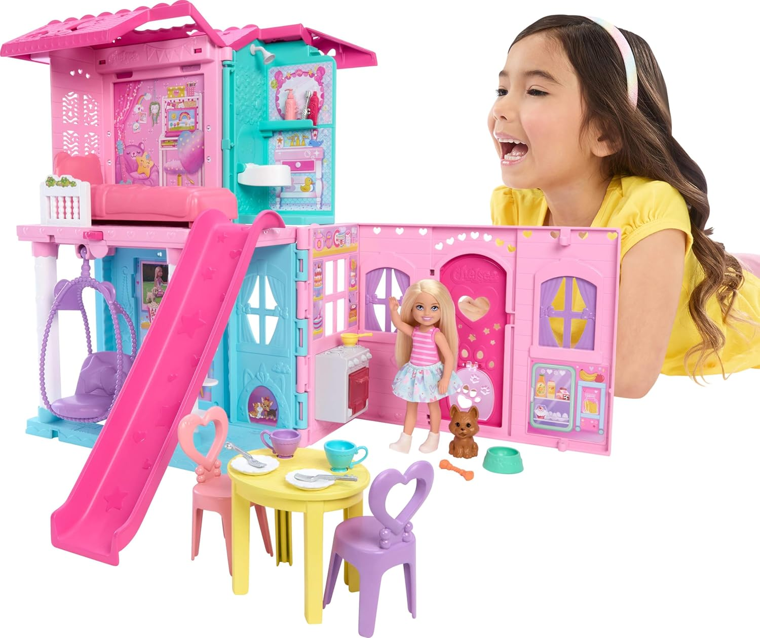 Barbie Chelsea Toy Dollhouse with 15+ Accessories, Pop-Up House Expands to 17+ X 13+ Inches with 5 Play Areas & Slide, Includes Small Doll & Pet Dog image number 6