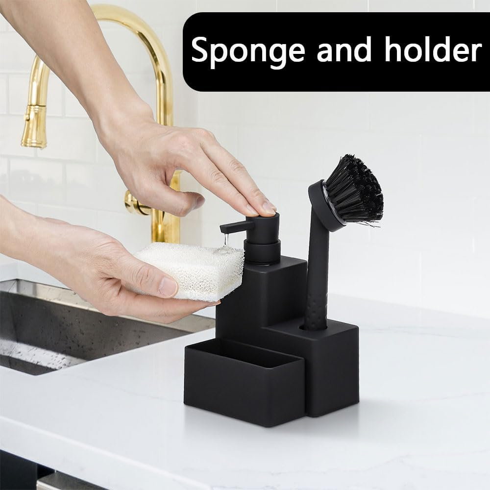 Ranqisys 3-In-1 Soap Dispenser Set with Sponge Holder &ndash; Dual Soap Pump Dispenser for Kitchen Sink, Hand & Dish Soap, Brush & Sponge Caddy, Black, 320Ml image number 4