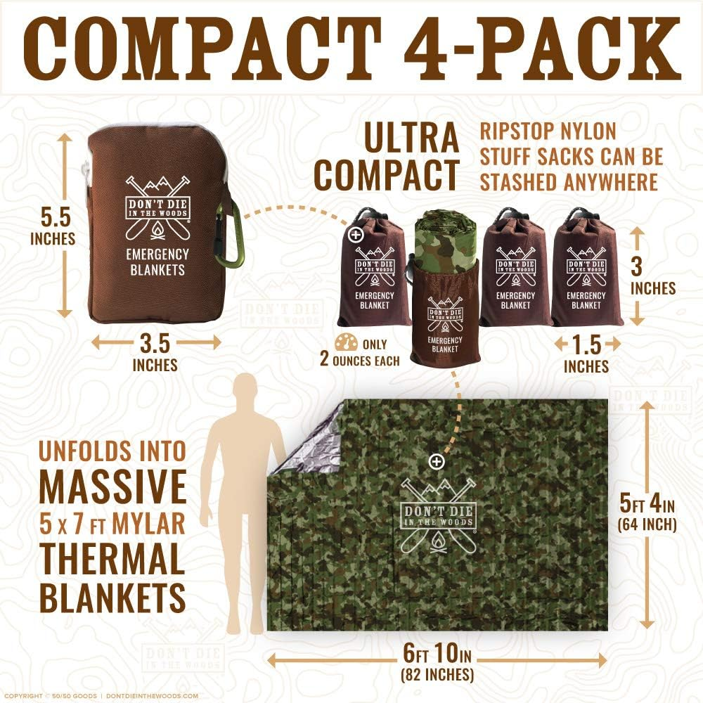 Don'T Die in the Woods - Freakin&rsquo; Huge Emergency Blankets [4-Pack] Extra-Large Thermal Mylar Space Blankets with Ripstop Nylon Stuff Sacks + Carabiner Zipper Pack [Woodland Camo] image number 2