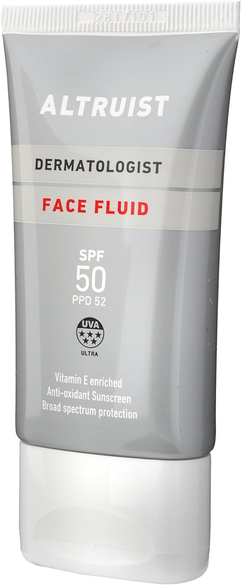 Altruist Dermatologist Sunscreen Fluid SPF &ndash; Superior 5Star UVA Protection by Dr Andrew Birnie Premium Antioxidant Face Protection, White, Unscented, 50 Millilitre