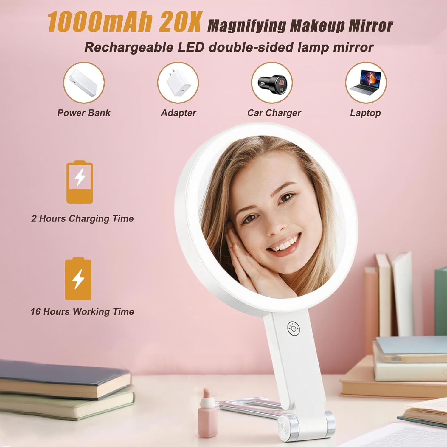 YQDUVNEY 20X Magnifying Mirror with Light Rechargeable Makeup Mirror, 3 Color Lighting Vanity Mirror, Portable Travel Handheld Mirror for Women