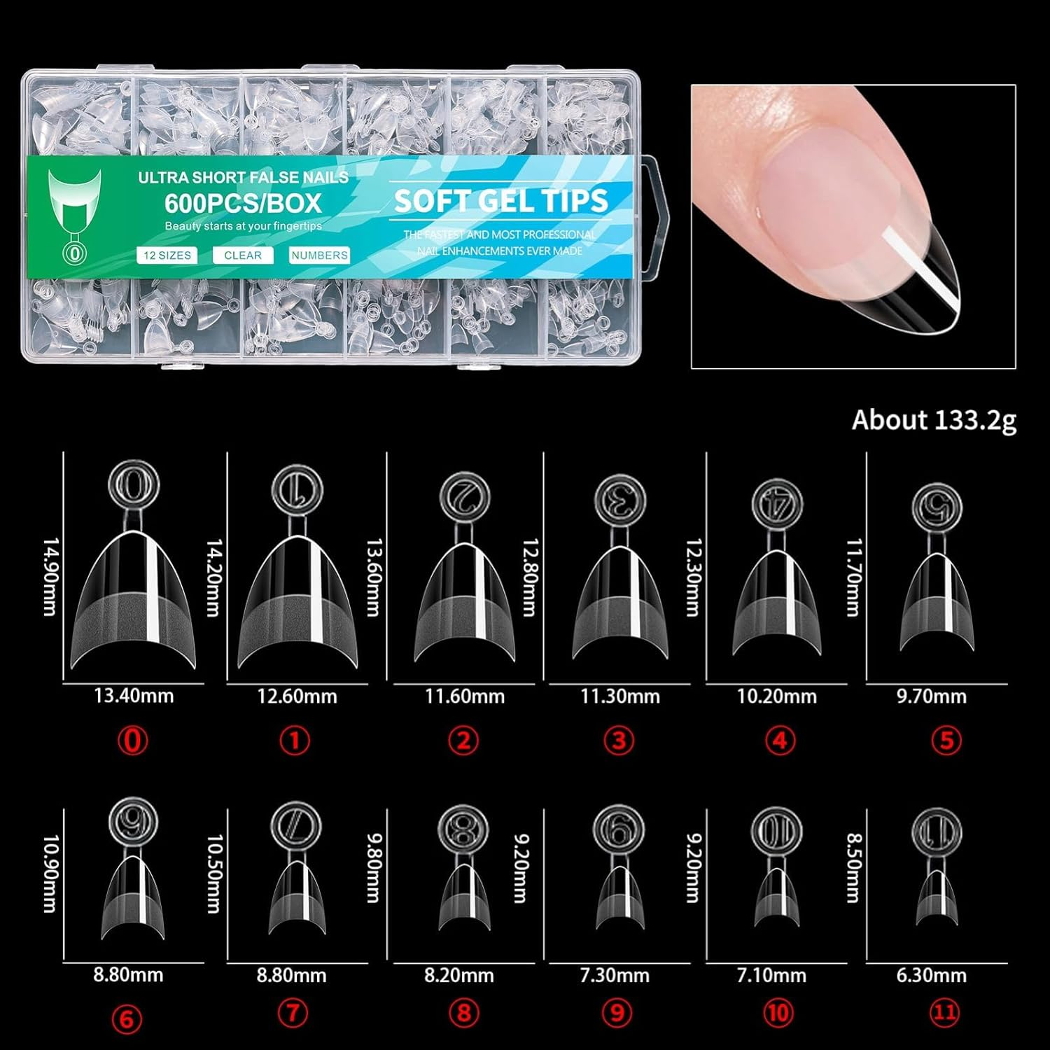 AYAITEE 600Pcs Short Almond Nail Tips, Half Cover Clear Fake Nails, 12 Sizes Pre-Shaped Soft Gel Artificial Nail Extensions for Home DIY & Salon Use image number 3
