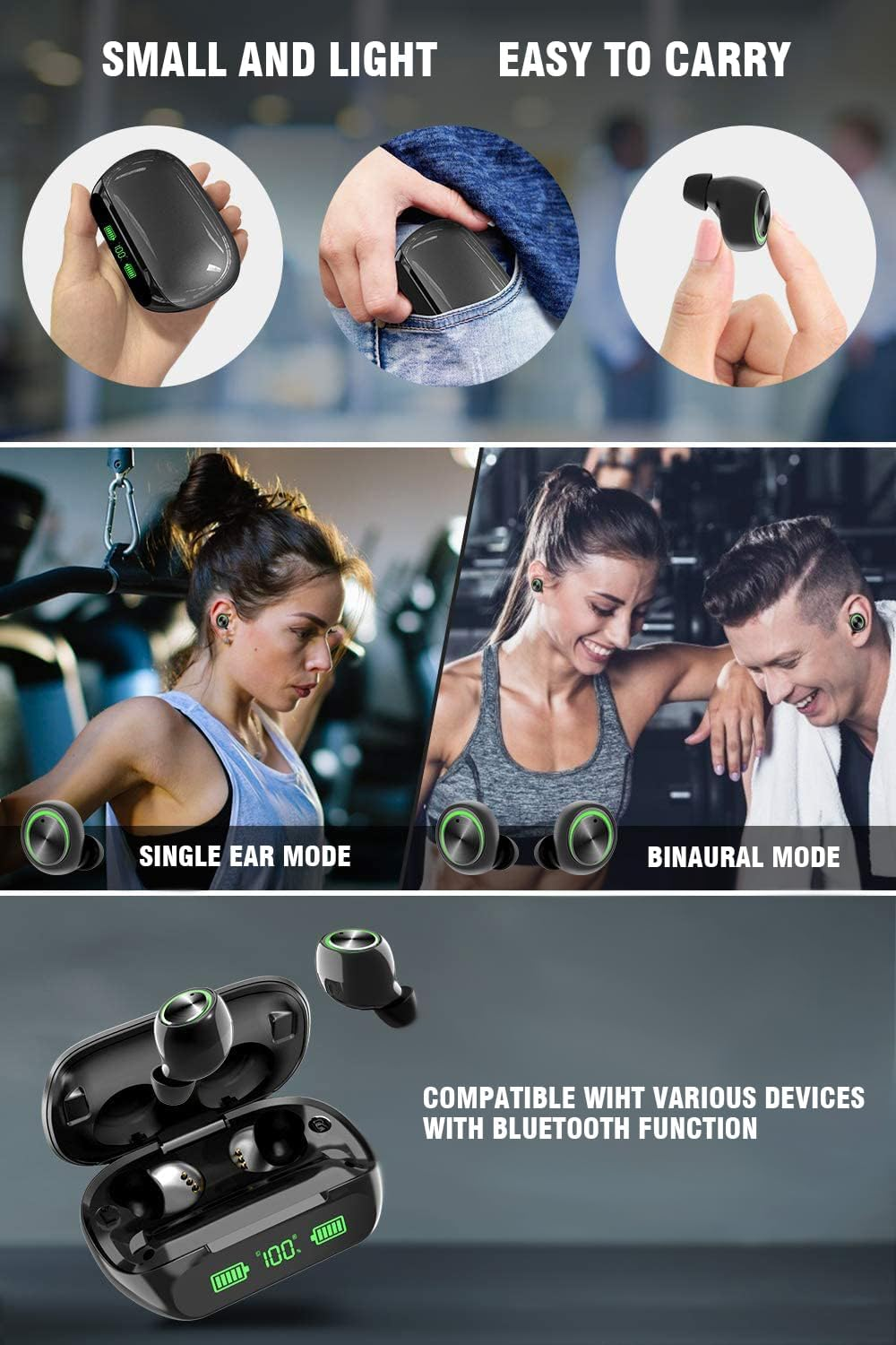 Wireless Earbuds Bluetooth Headphones,Led Power Display/50H Play Time/Button Control/Ip6 Waterproof TWS Earphones In-Ear W/Hd Mic Hi-Fi Stereo Sound Headsets for Sports image number 4