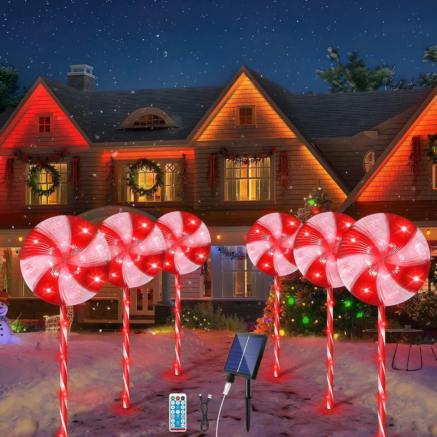 FLSEPAMB 6 Pack Christmas Lollipop Lights Outdoor with Remote Control, 120 Red Leds Christmas Pathway Markers Lights Outdoor Decorations 8 Modes for Xmas Patio Garden Yard Decor image number 5