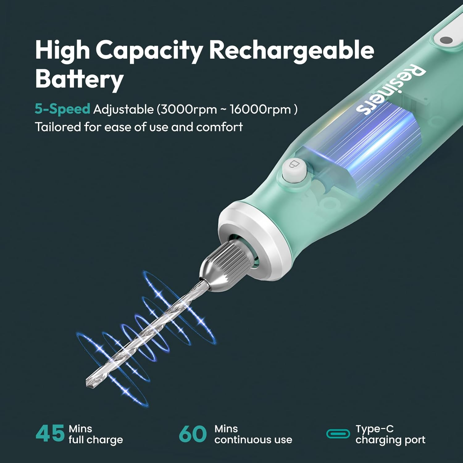 Resiners Cordless Rotary Tool Kit, Electric Resin Drill & Polishing Kit, 5-Speed Adjustable, 54Pcs Jewelry Making Kit, Professional Machine for Resin Molding, Manicure, Wooden DIY Crafts image number 5