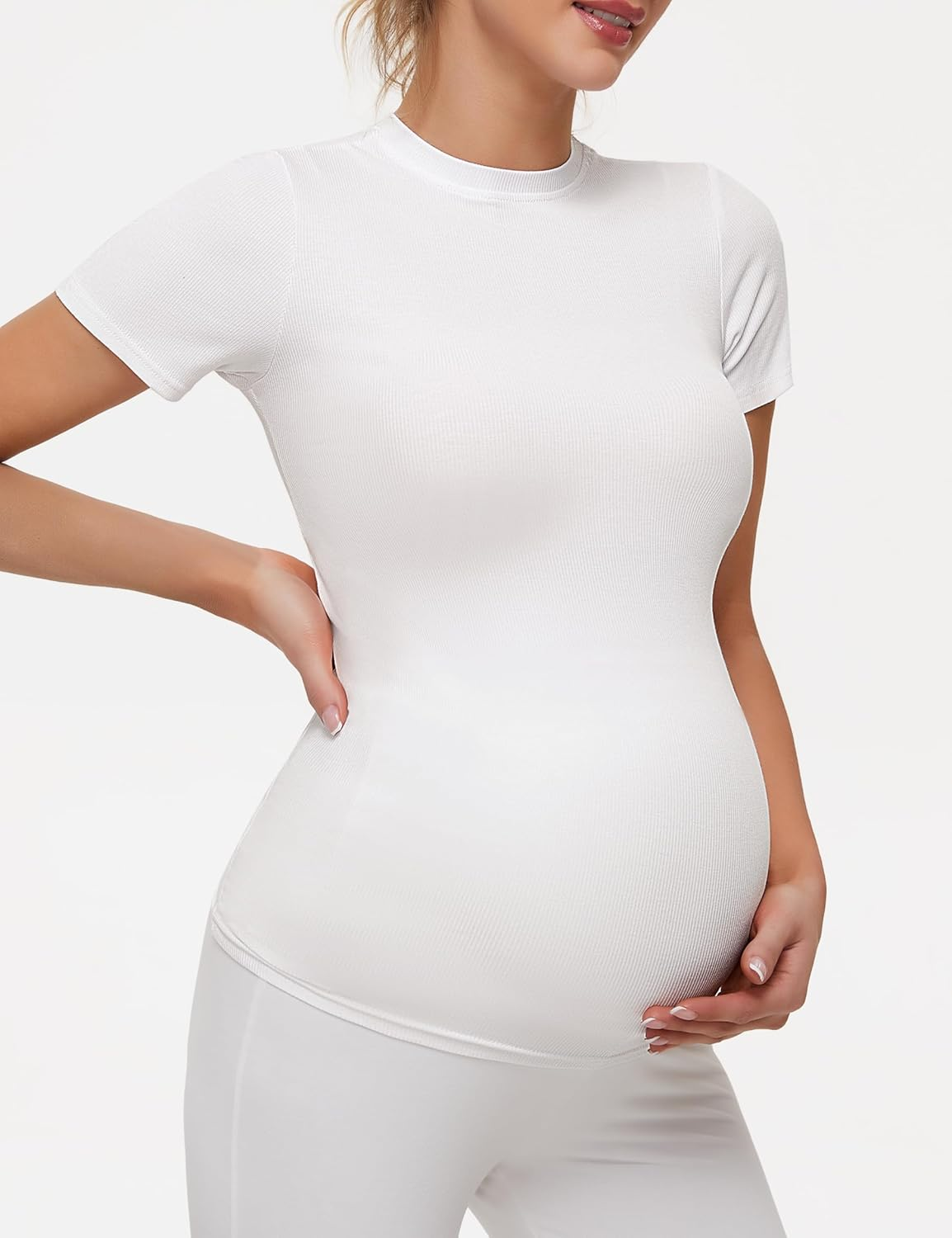 Peauty Maternity Ribbed T-Shirts with Crew Neck and Short Sleeves Shirts, before during after Pregnancy Clothes image number 6