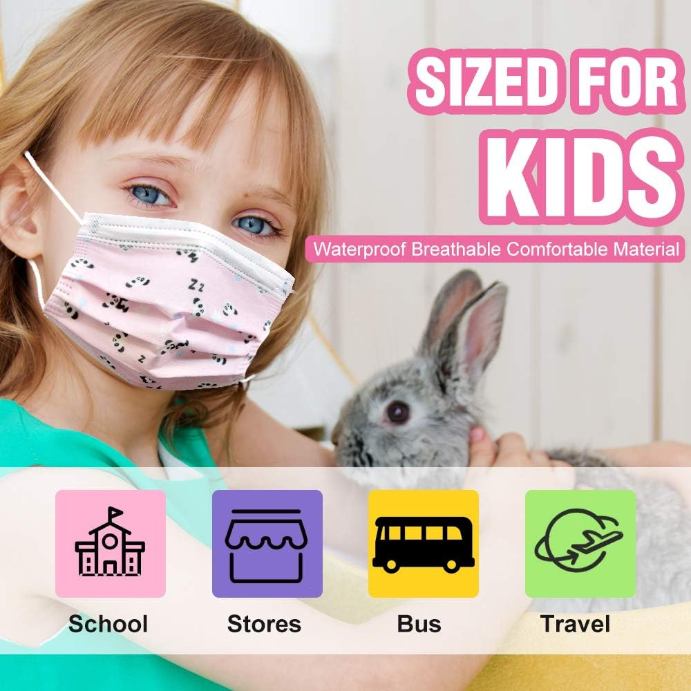 Kids Disposable Face Mask Girls - Flyaudio 50Pcs 3 Ply Face Mask for Children with Earloops, Breathable Comfortable, Soft on Skin, Perfect Size Mask for Boys & Girls, Pink Panda image number 4