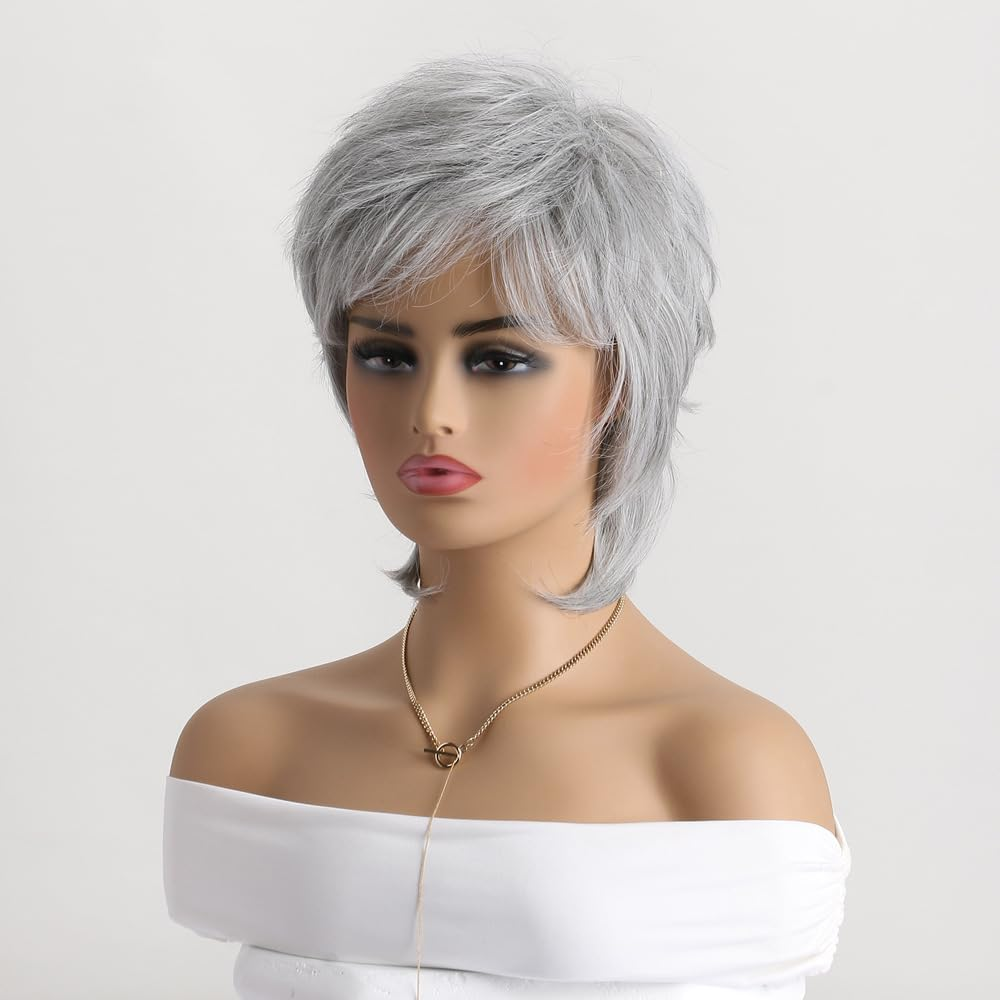 AUBWIG Long Soft Silver Grey Shaggy Tiered Wigs for Women Shoulder Length Tiered Natural Shaggy Wig with Fringe Synthetic Wig (Silver Grey) image number 6