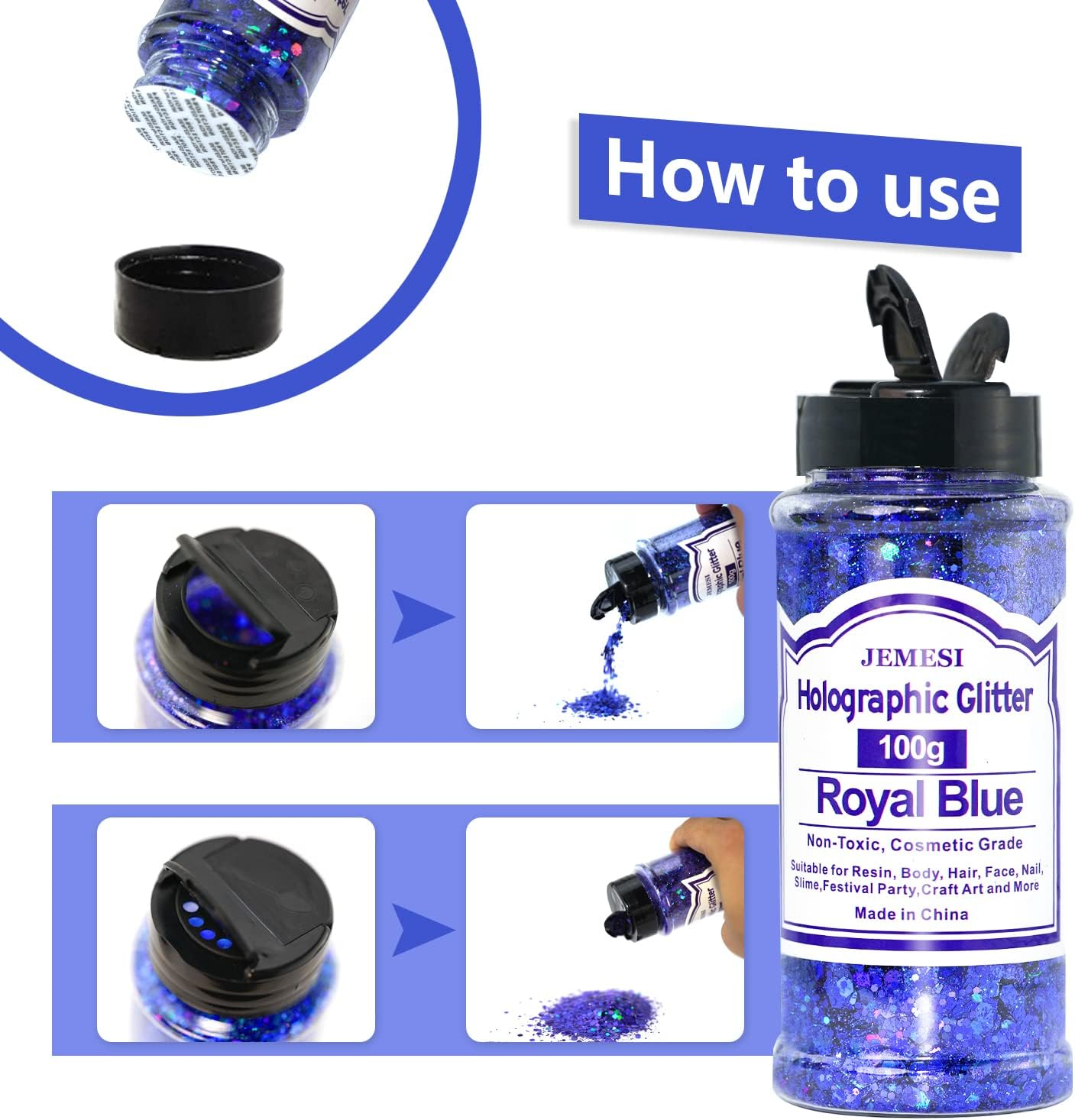 Holographic Chunky Glitter, 100G Royal Blue Cosmetic Craft Glitter for Epoxy Resin, Nail Sequins Iridescent Flakes, Body, Face, Hair, Nail, Glitter Slime Making image number 3