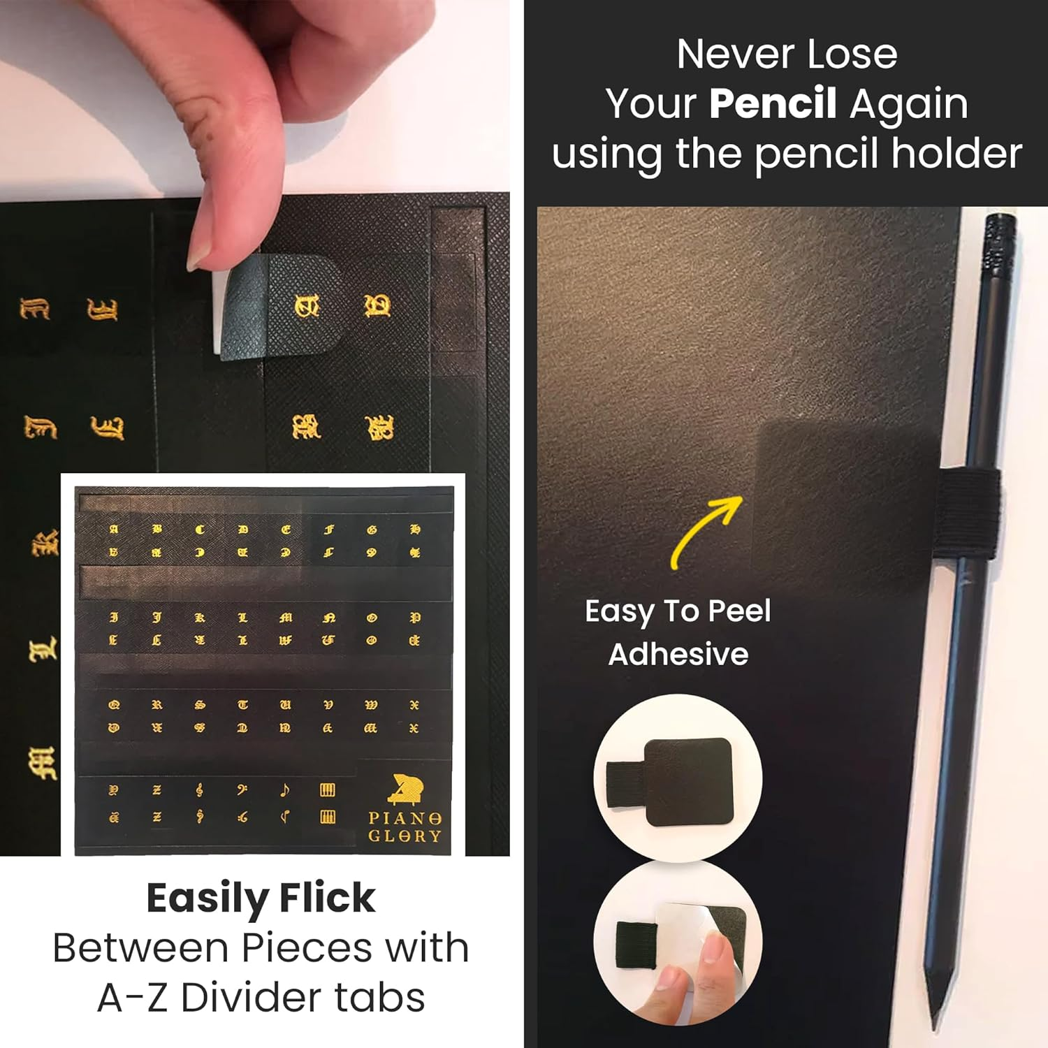 Pianoglory A4 Music Folder Value Pack with Divider Tabs, Pencil Holder, 40 Pages, Black with Gold Grand Piano Design image number 4