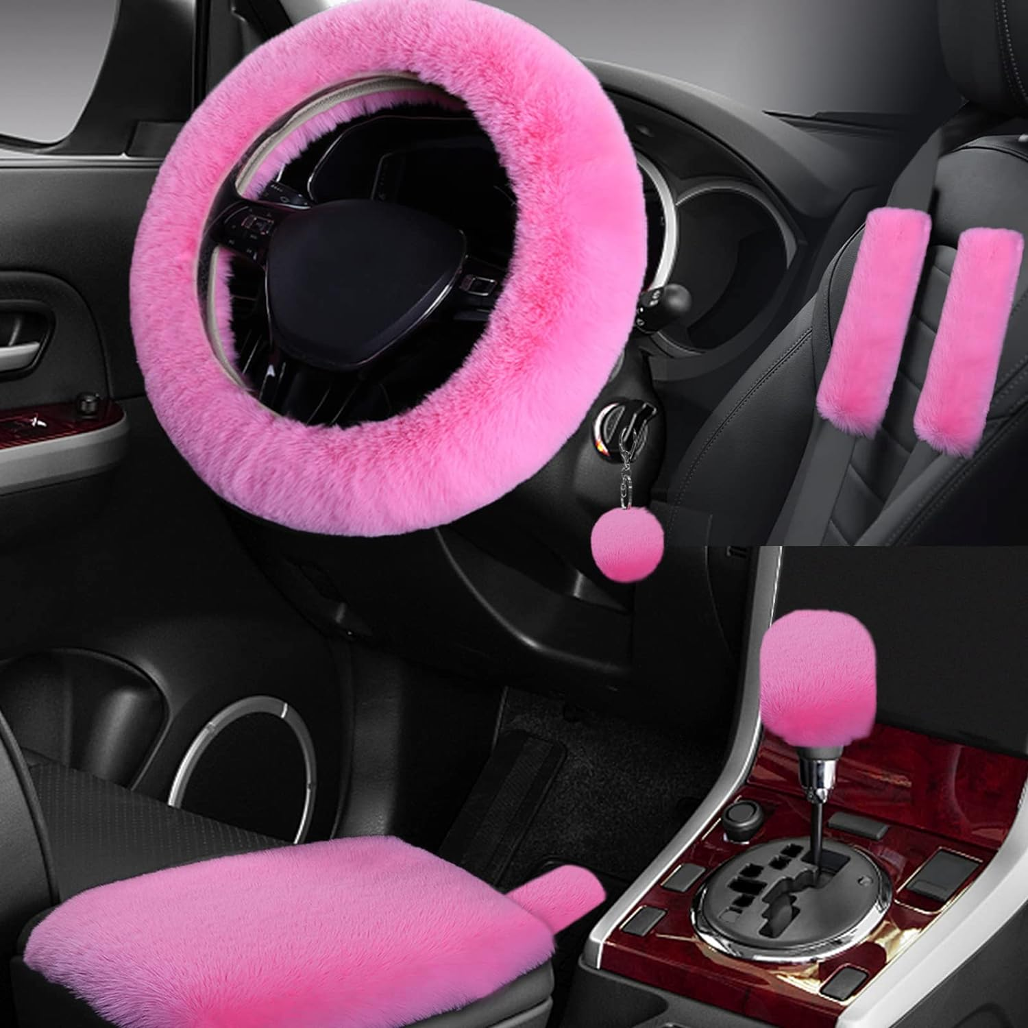 Wazzh 7PCS Set Car Interior Aesthetic Accessories, Fluffy 15 Inch Steering Wheel Cover, Armrest Pad, Seat Belt Cover,Gear Shift Cover, Fit Girly Car Accessories for Women.