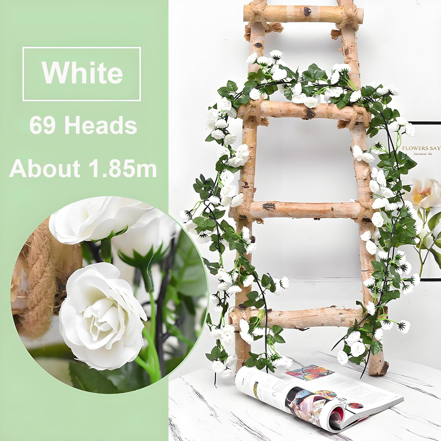 KEAIDUO 2 Pack 6Ft Artificial Fake Rose Garland Vines Hanging Silk Flowers for Outdoor Indoor Wedding Wall Badroom Decoration White image number 6