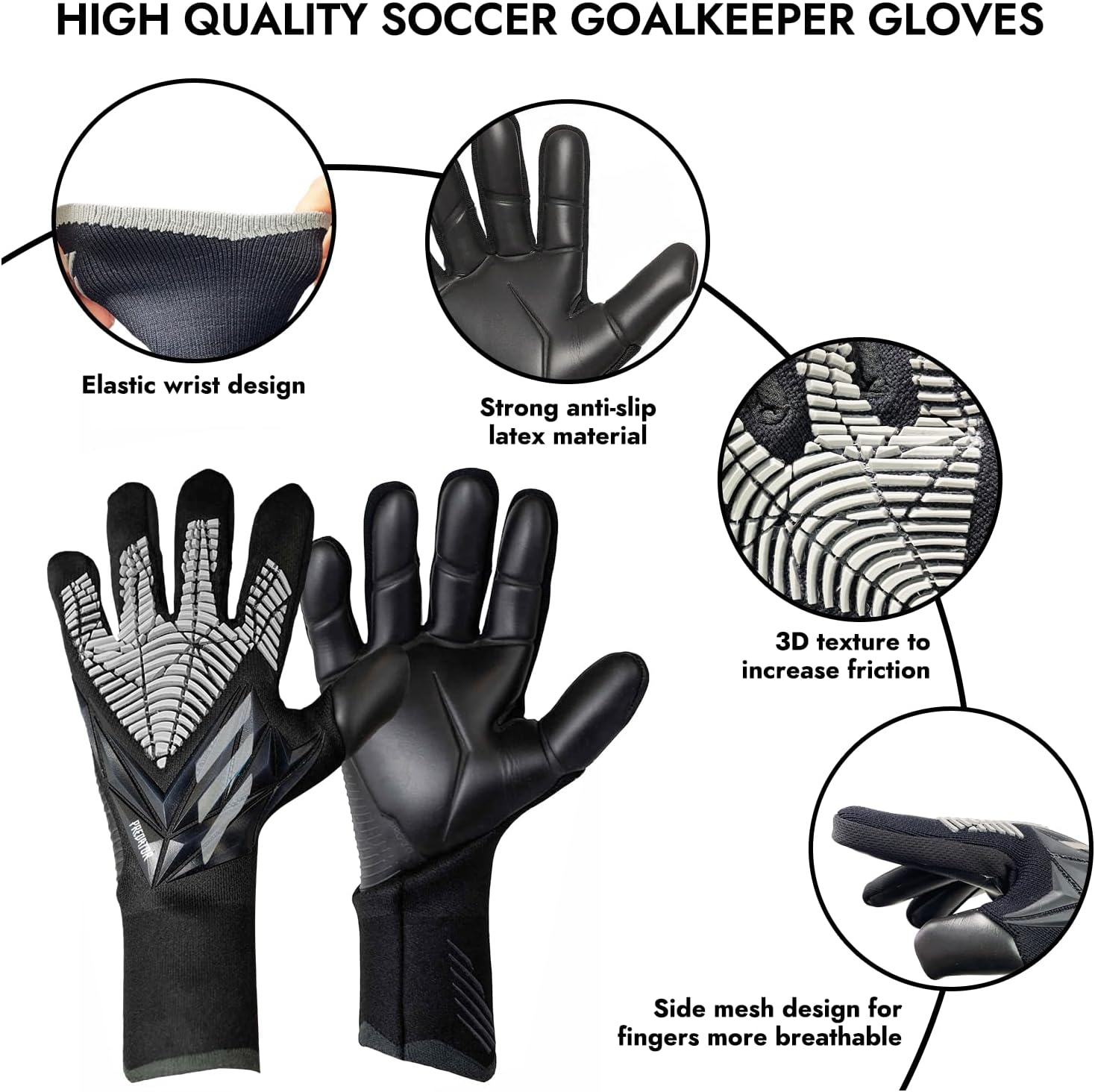 ZEZELIFE Football Goalkeeper Gloves, Soccer Goalie Gloves Kids Boys Children Youth Adults, Gloves anti Slip, Full Finger Breathable Mesh Self Adjustable Wrist Sports Soccer Gloves Black image number 5