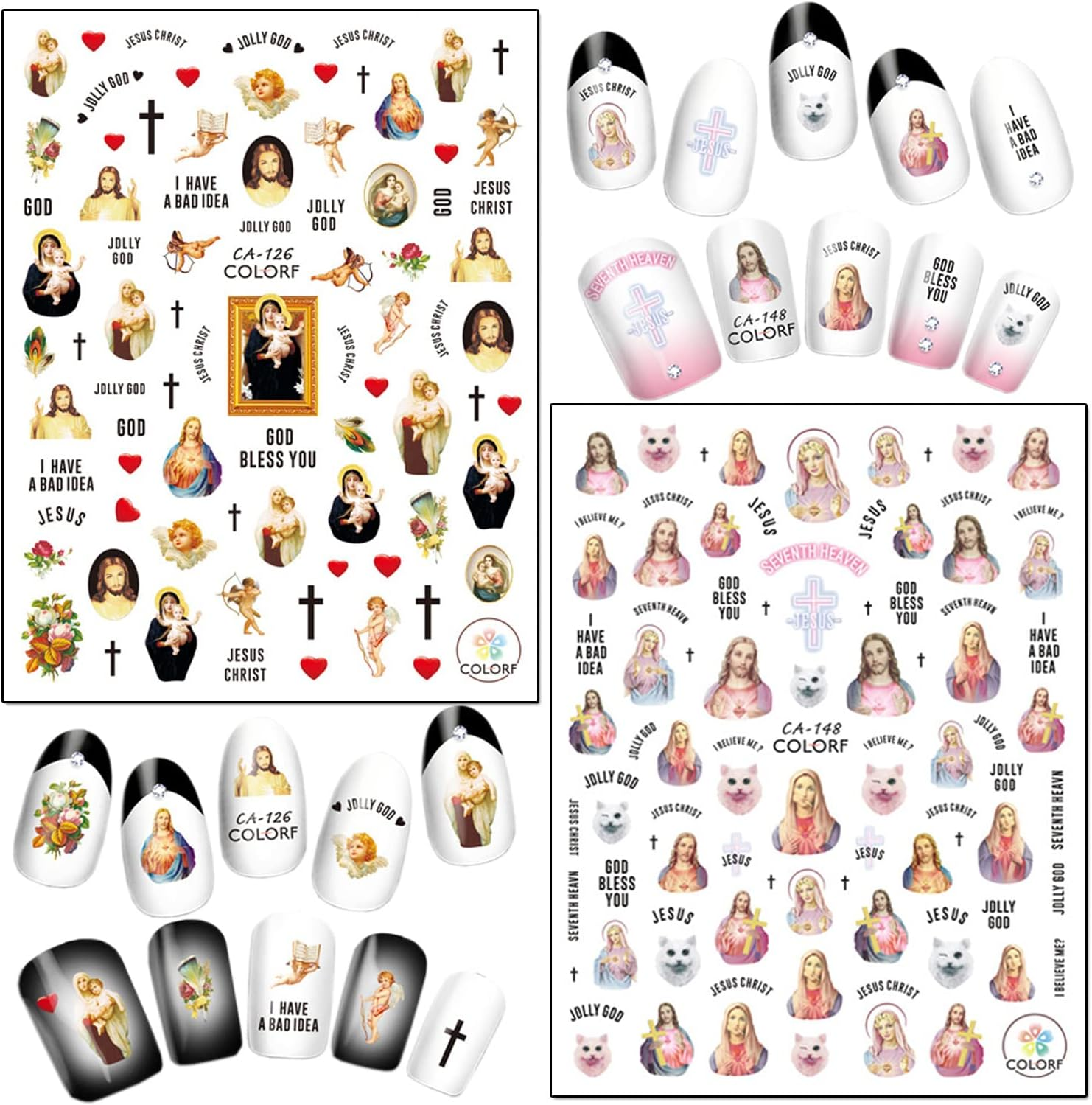 God Jesus Nail Art Stickers, Angel Christ Virgin Maria Love Cupid Flowers Nail Art Decals, Holographic 3D Angel Self-Adhesive Nail Sticker Design for Women Girls Manicure Charms Decorations image number 6