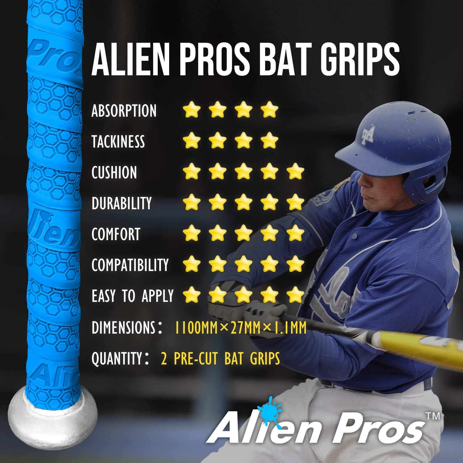 Alien Pros Bat Grip Tape for Baseball (2 Grips/4 Grips) &ndash; 1.1 Mm Precut and Pro Feel Bat Tape &ndash; for Old Baseball Bat Grip &ndash; Wrap Your Bat for an Epic Home Run (2 Grips/4 Grips) image number 6