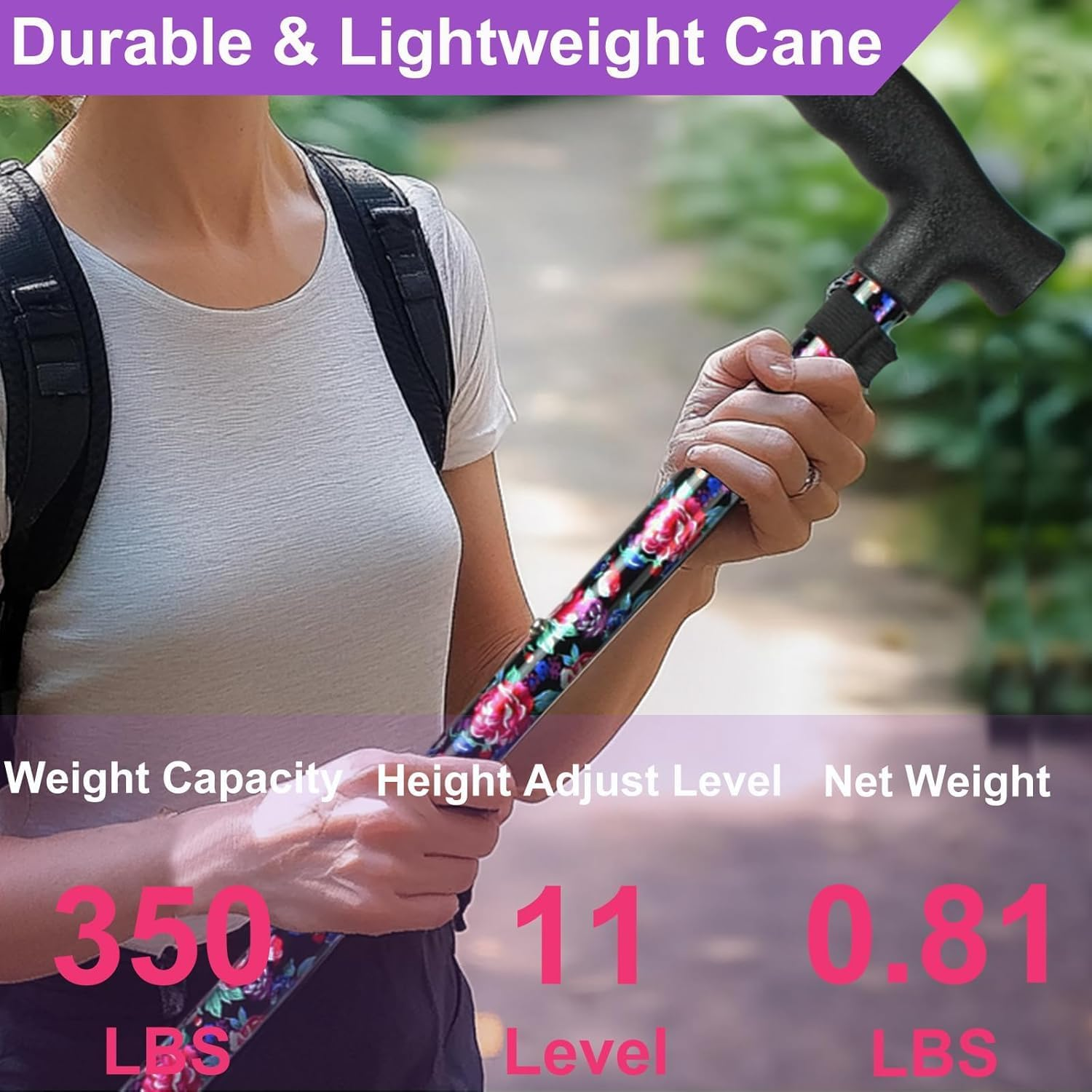 Begrit Walking Stick Adjustable Cane for Women Ergonomic Handle Stabilising Base - Small Flower image number 4