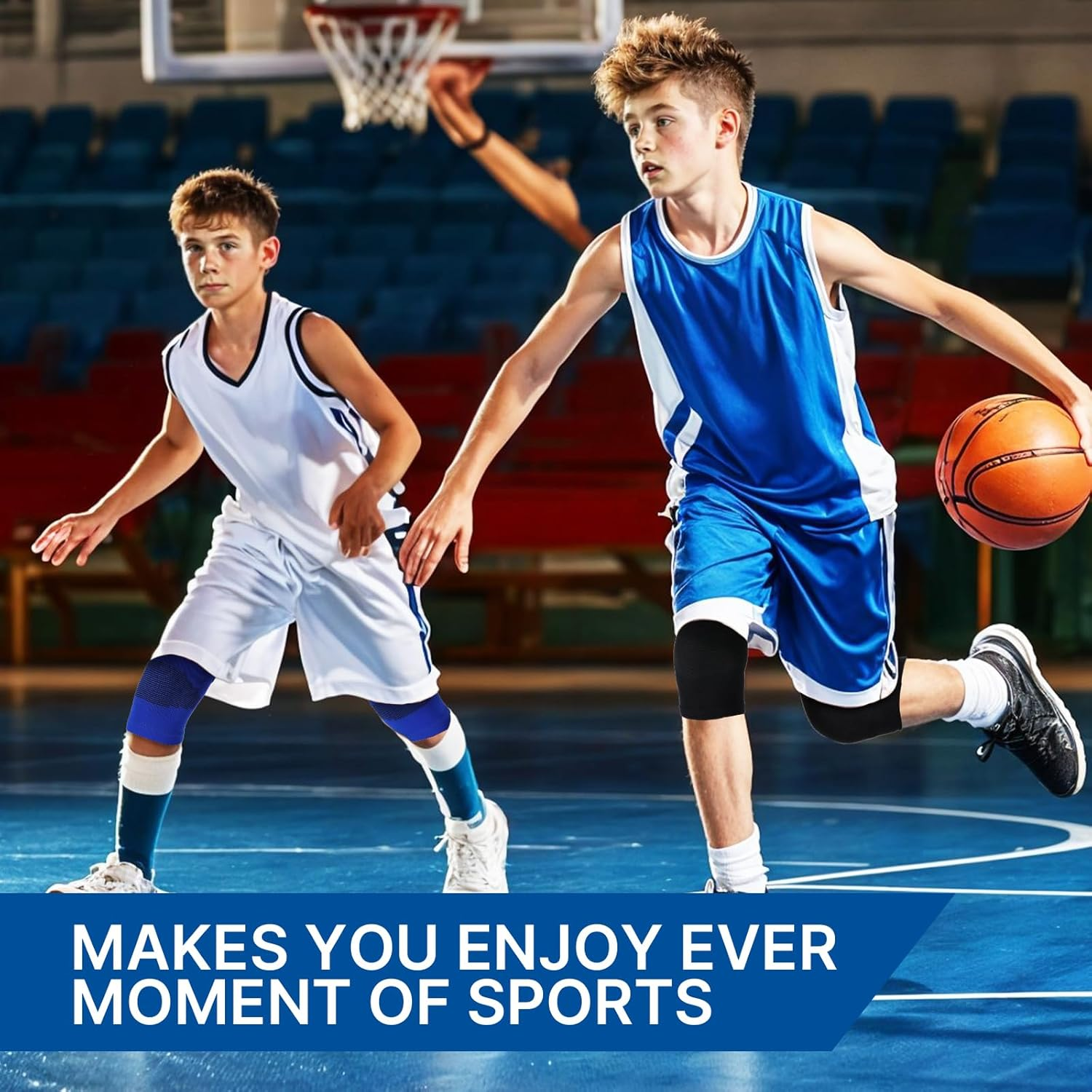 2 Pairs Kids Knee Sleeve Kids Knee Brace Children Support Compression Child Sleeve Pads for Basketball, Volleyball, Sports, Gymnastics(Blue, Black) image number 6