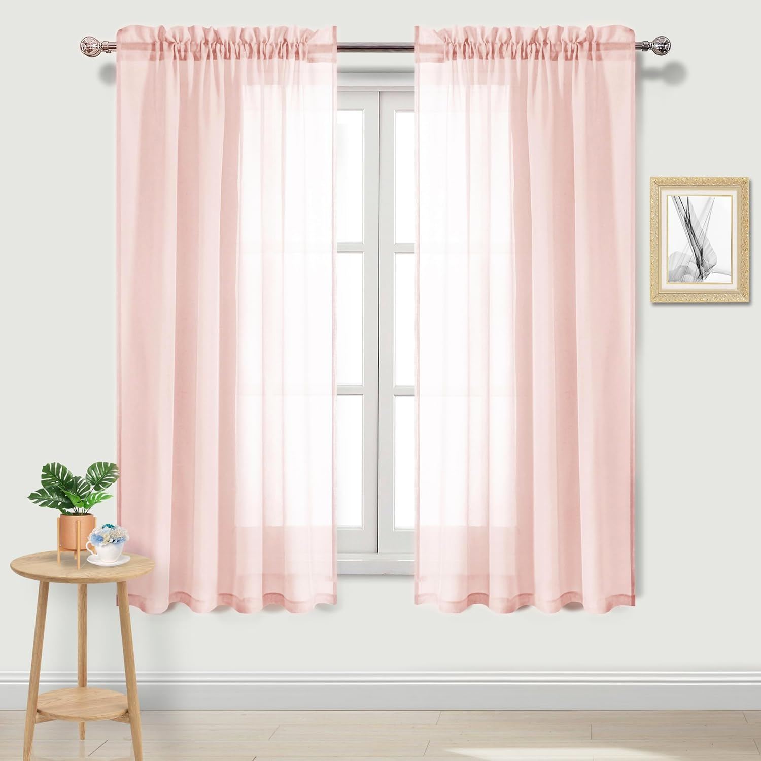 DWCN Short Sheer Curtains Semi Transparent Voile Rod Pocket Curtains for Bedroom and Living Room, Blush Pink, 132 X 161 Cm Long, Set of 2 Panels image number 5